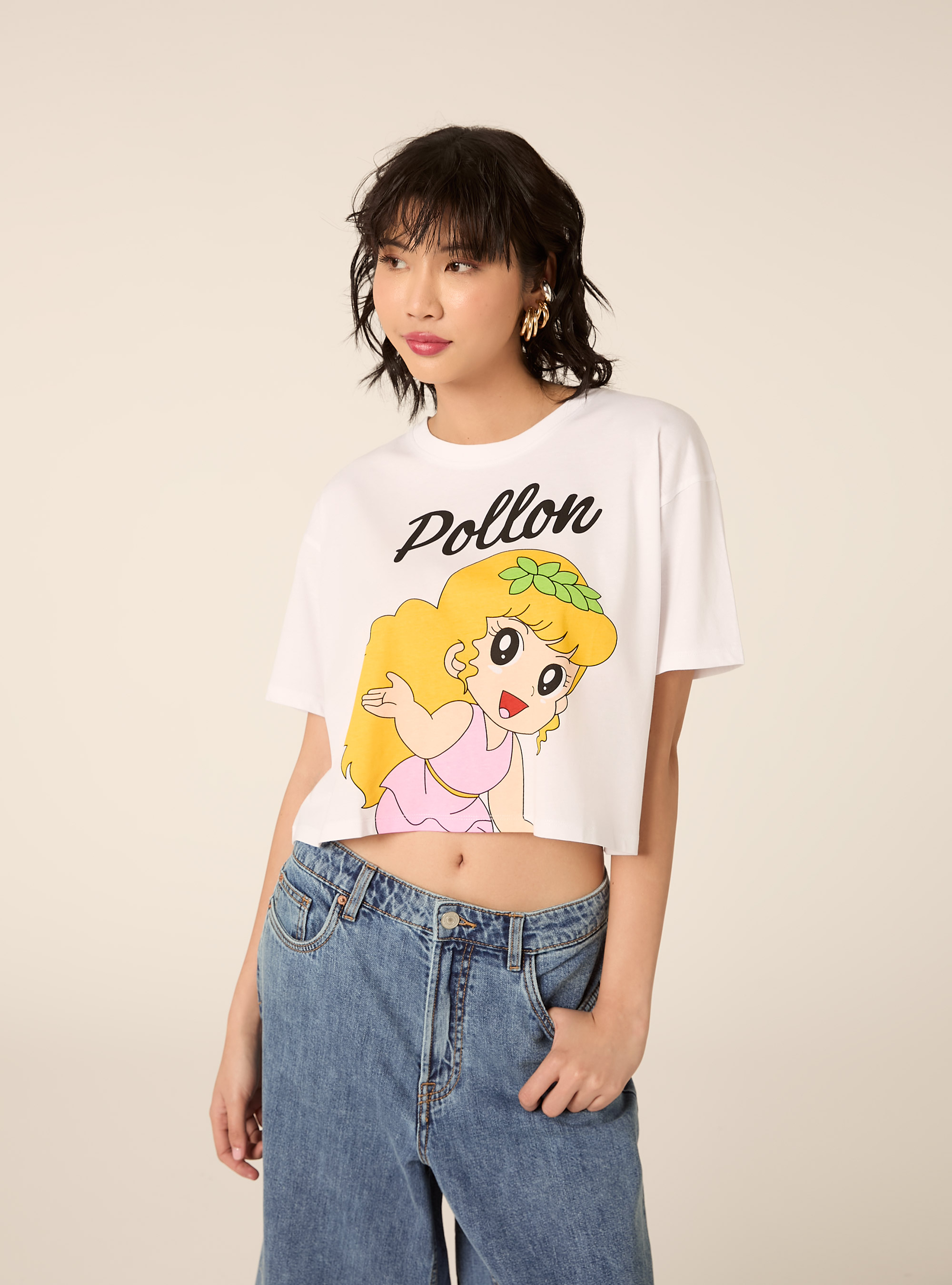 T-shirt pollon licenza crop fit, WH3 WHITE