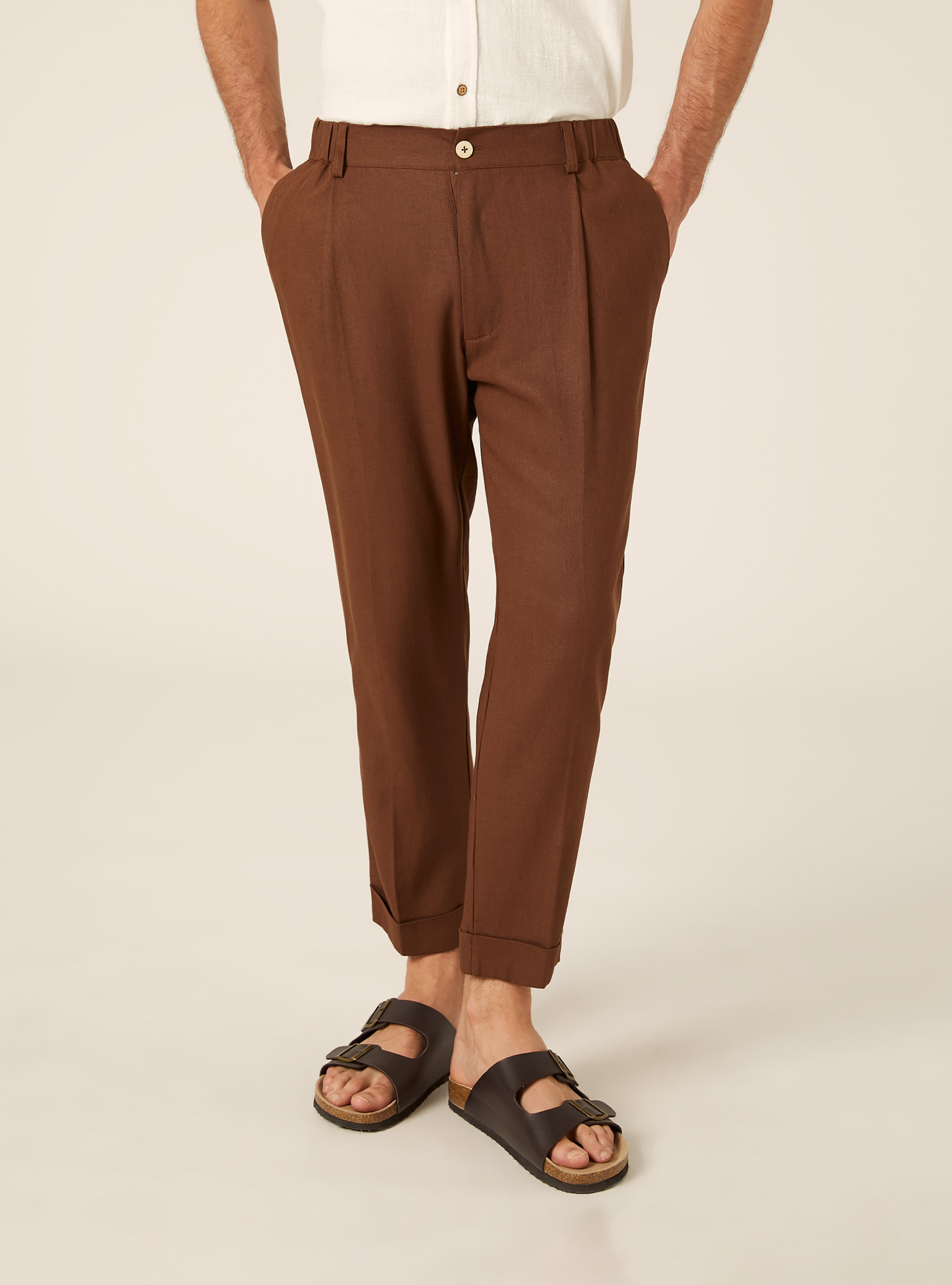 Linen Blend Pleated Trousers, BR1 BROWN DARK