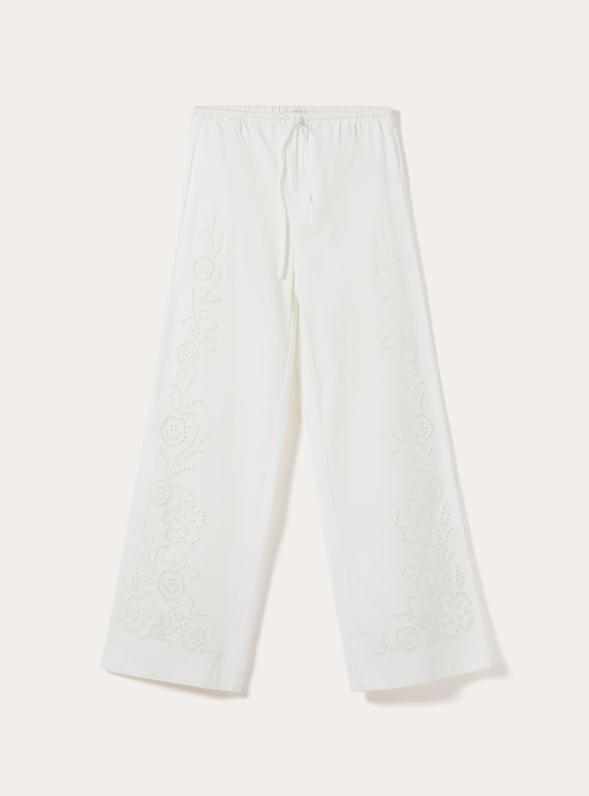 Pantalon Large en M&eacute;lange de Lin avec Broderie Anglaise Lat&eacute;rale, WH2 WHITE