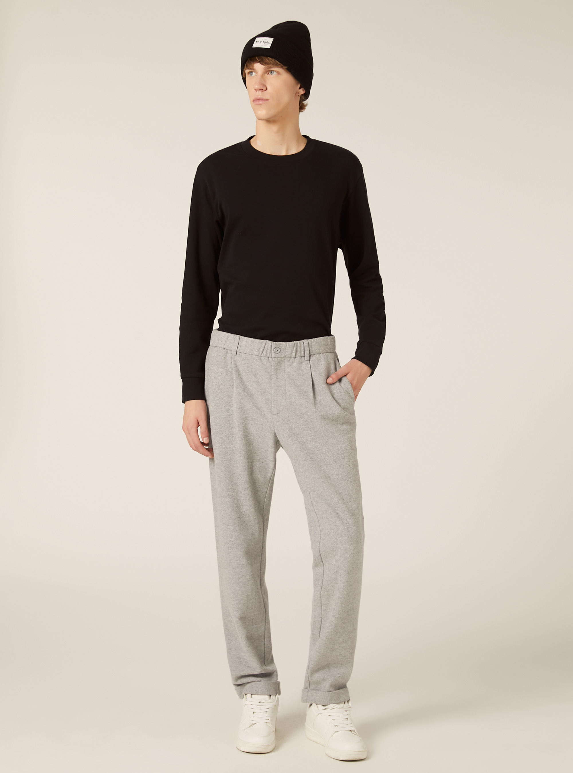 Pantalon &agrave; pinces effet flanelle, MGY3 GREY MEL LIGHT