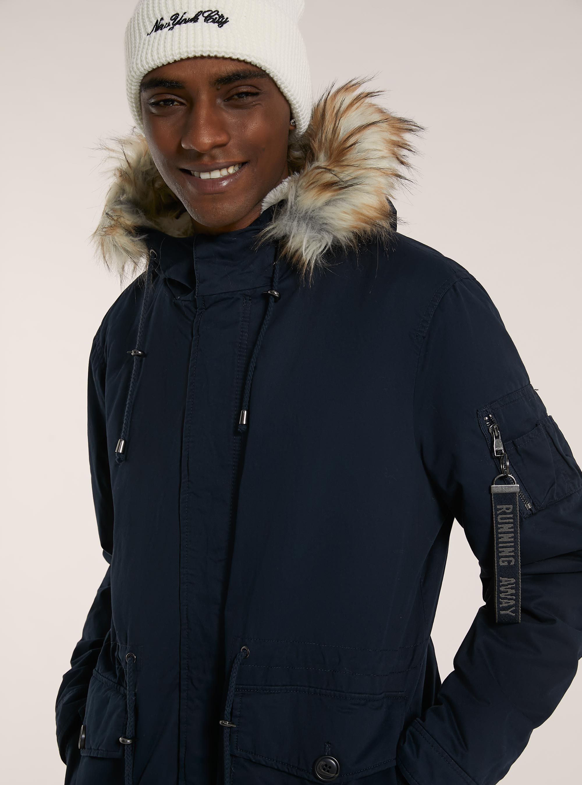 Giubbotto parka con cappuccio e interno agnellato, BLU MARINO