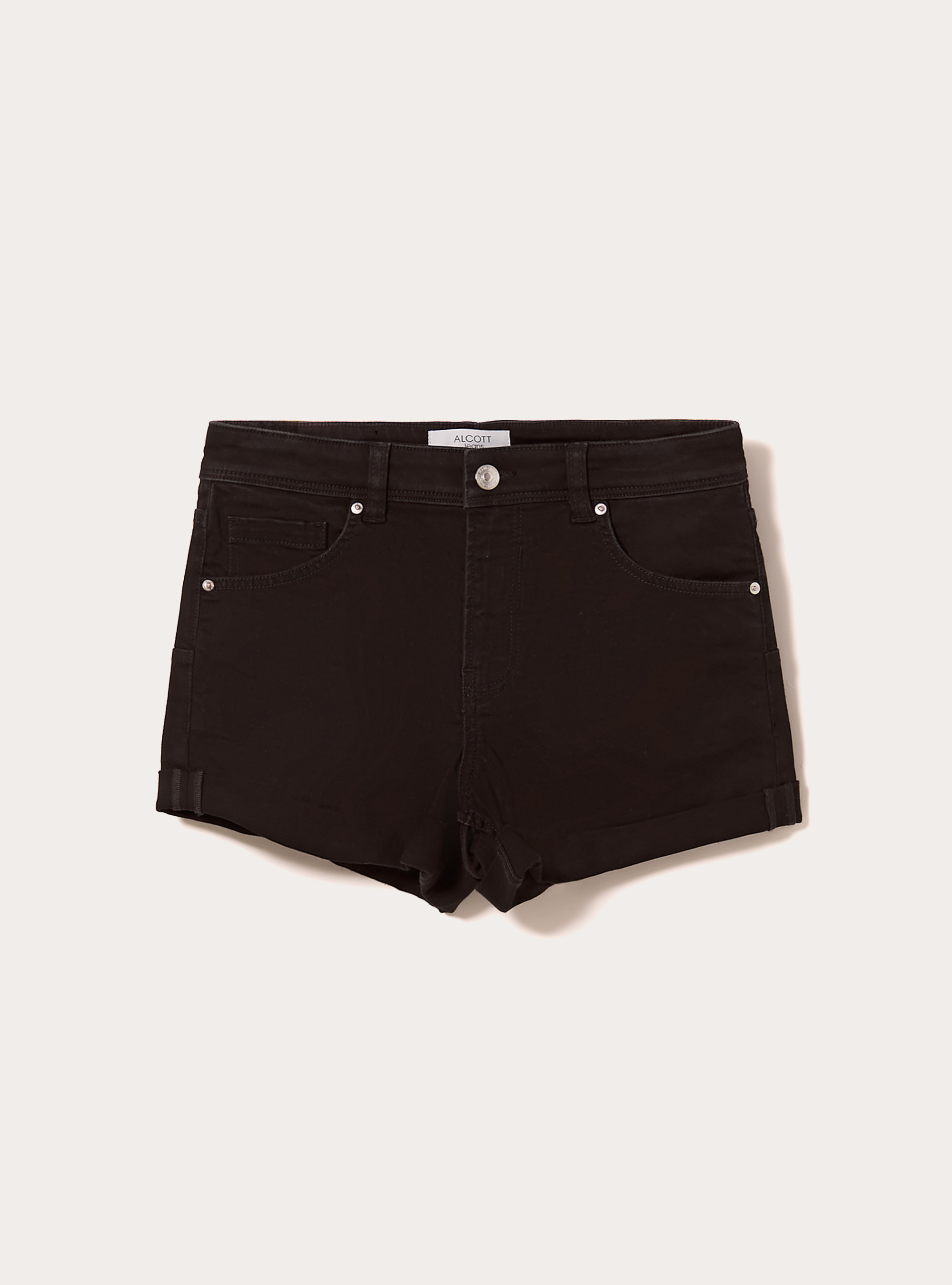 Pantal&oacute;n corto mom slim fit de denim el&aacute;stico, D000 BLACK
