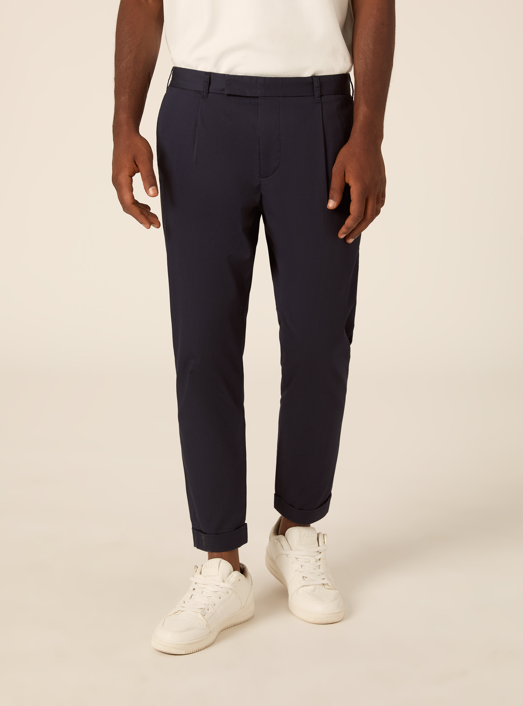 Slim Fit Cropped Pleated Chino Trousers, BL1 BLUE DARK