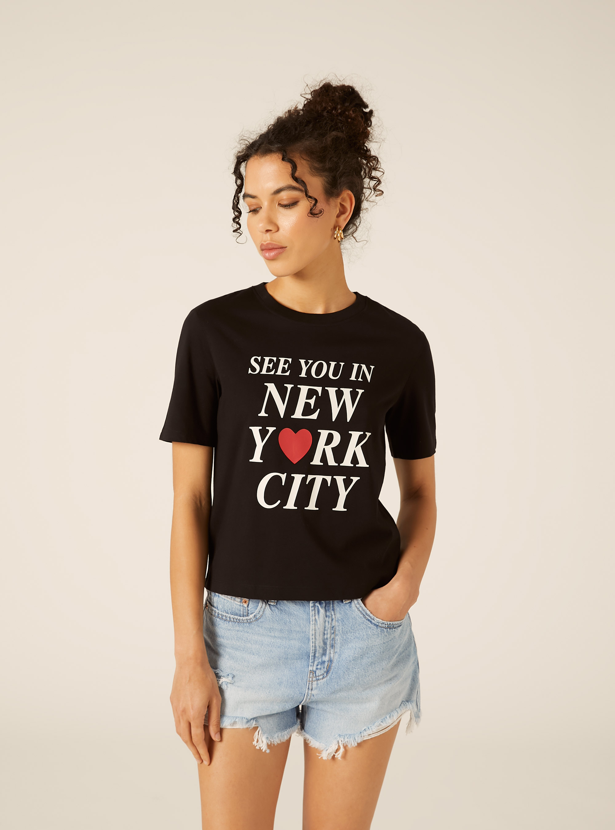 Crop-T-Shirt mit New York-Print, BK1 BLACK