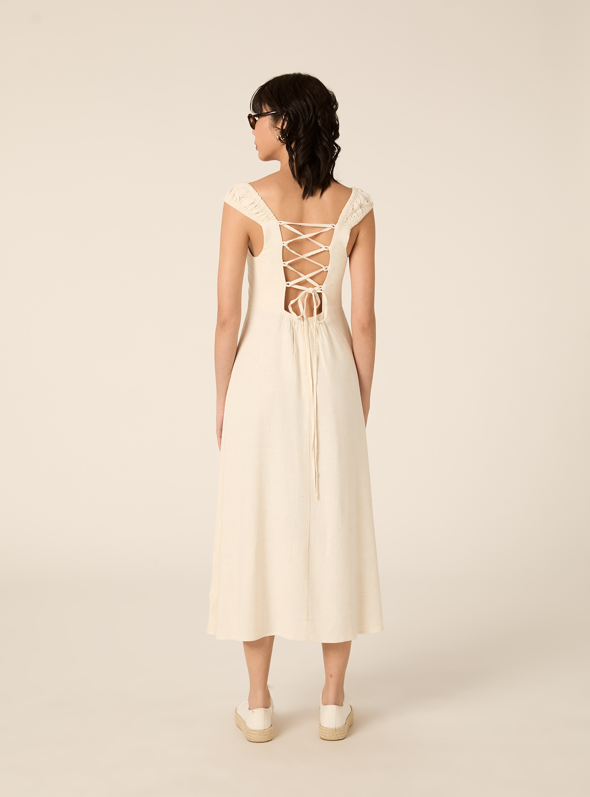 Linen-blend dress with an open back, MBG3 BEIGE MEL LIGHT