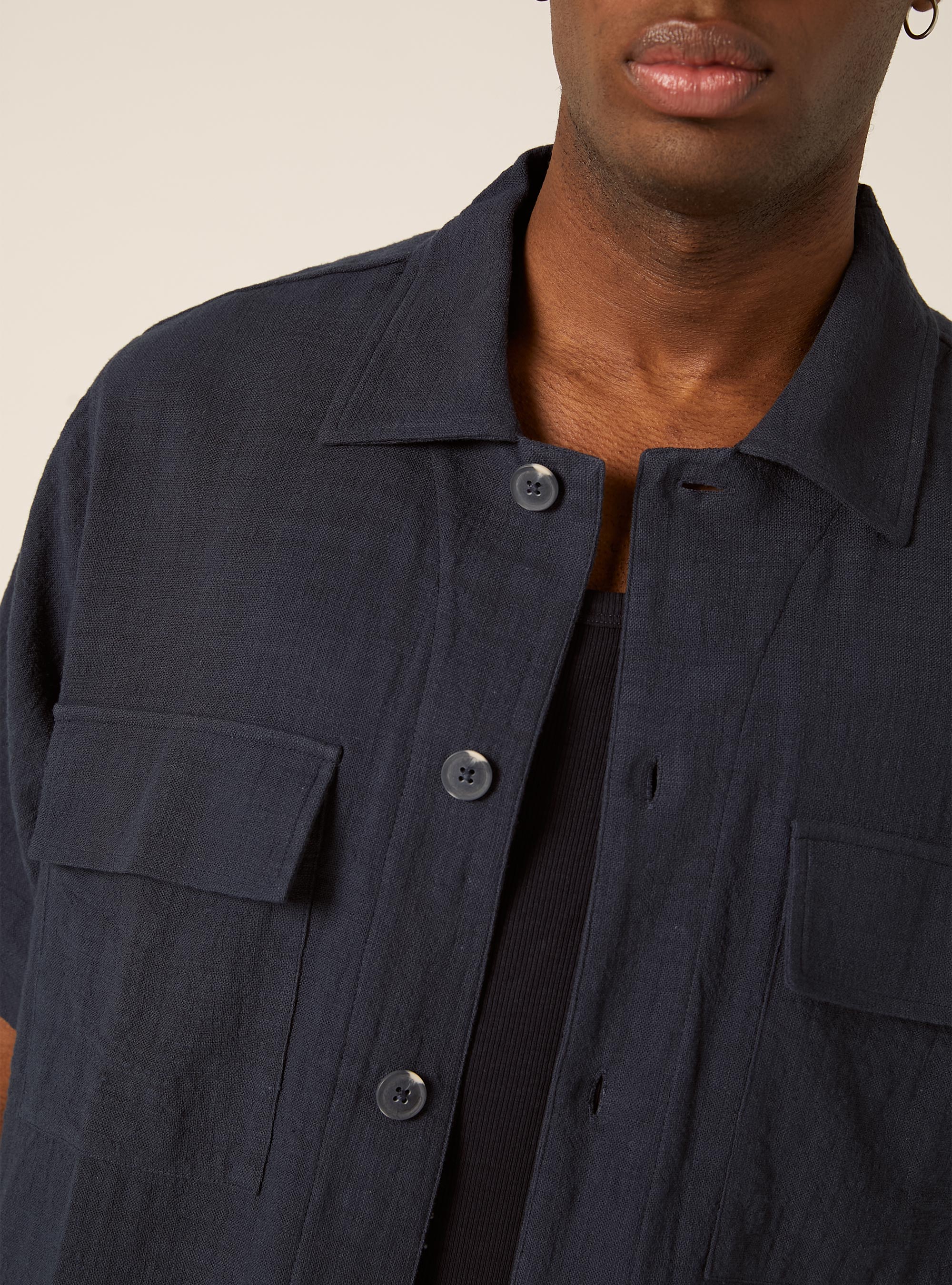 Camicia in cotone a maniche corte, NAVY MEDIO