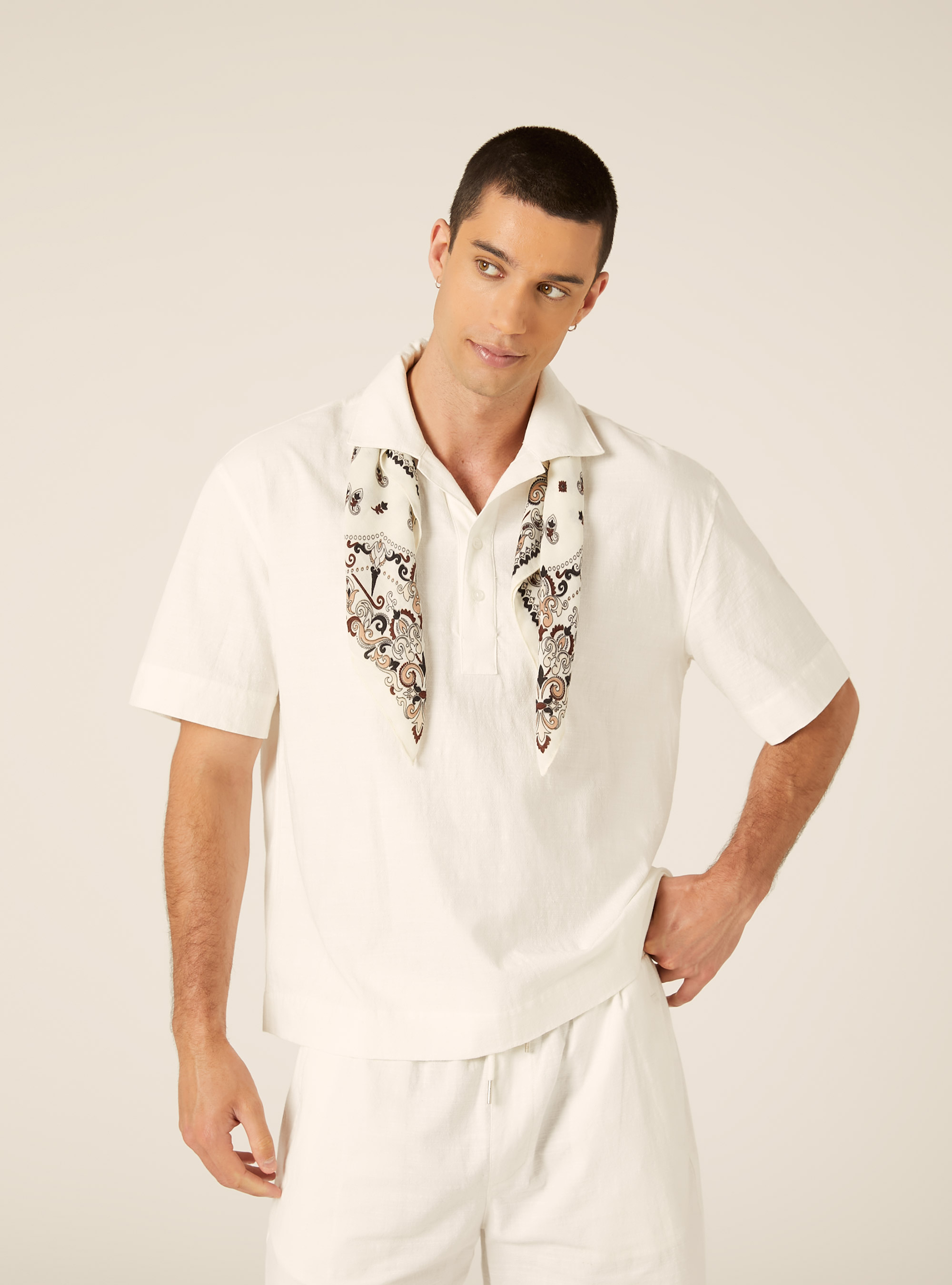Polo Camicia in Misto Lino, OFF WHITE