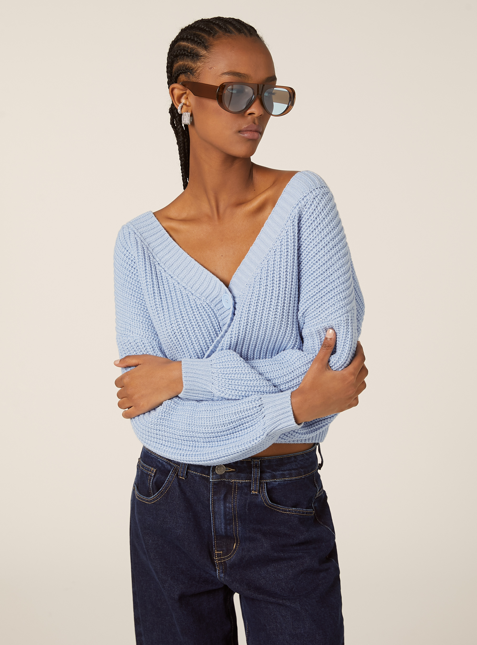 Cardigan en maille &agrave; encolure en V, MAZ2 AZURE MEL MEDIUM