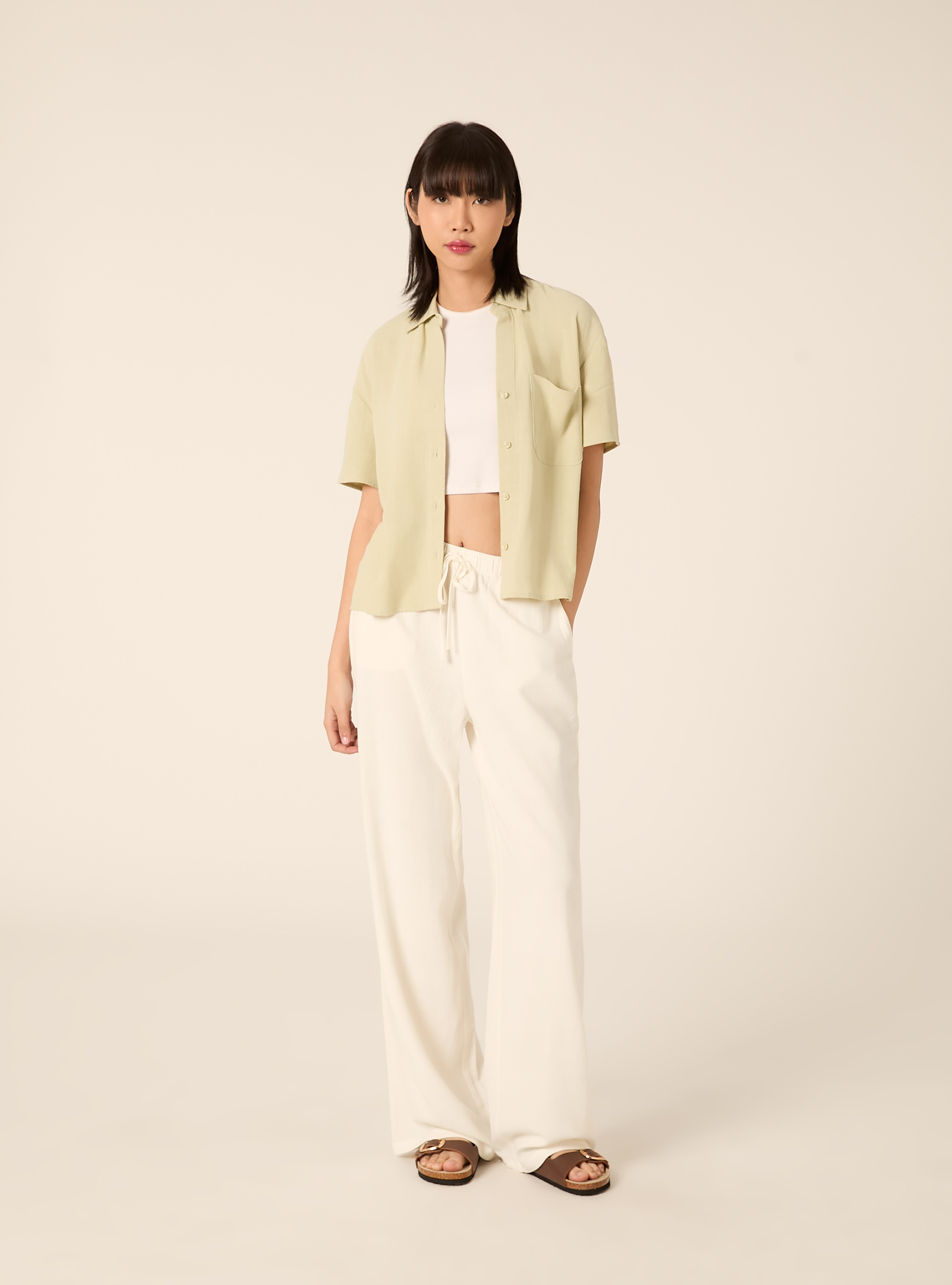 Camicia cropped in misto lino, KAKY CHIARO