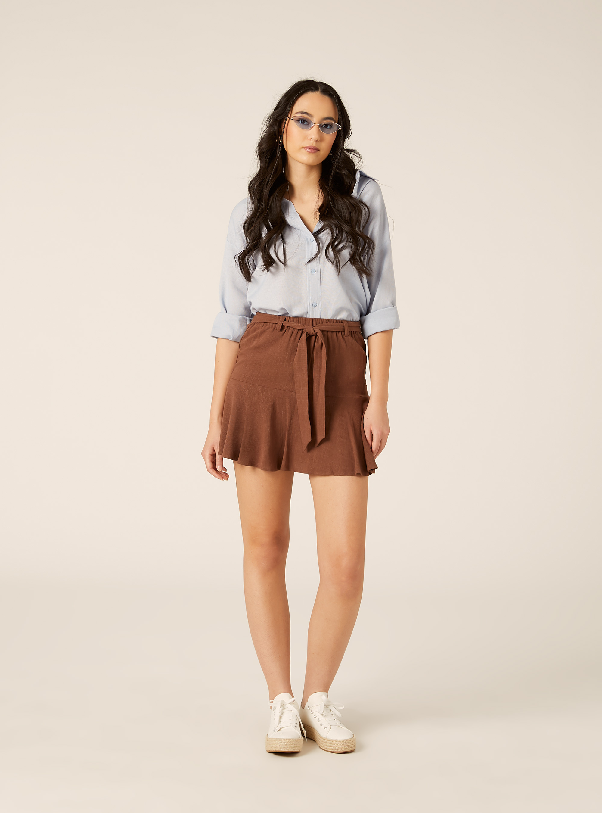 Linen Blend Skort with Tie-Waist Belt, BR3 BROWN LIGHT