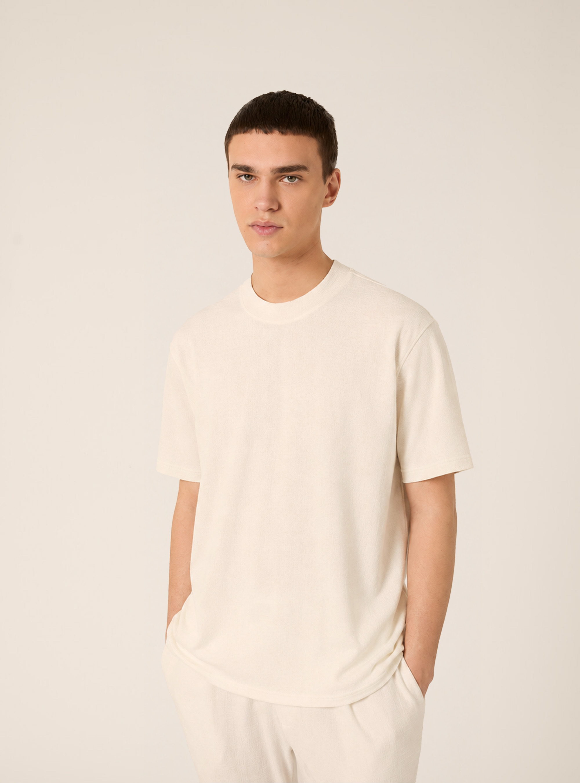 Oversized Textured T-Shirt with Side Slits, WH2 WHITE