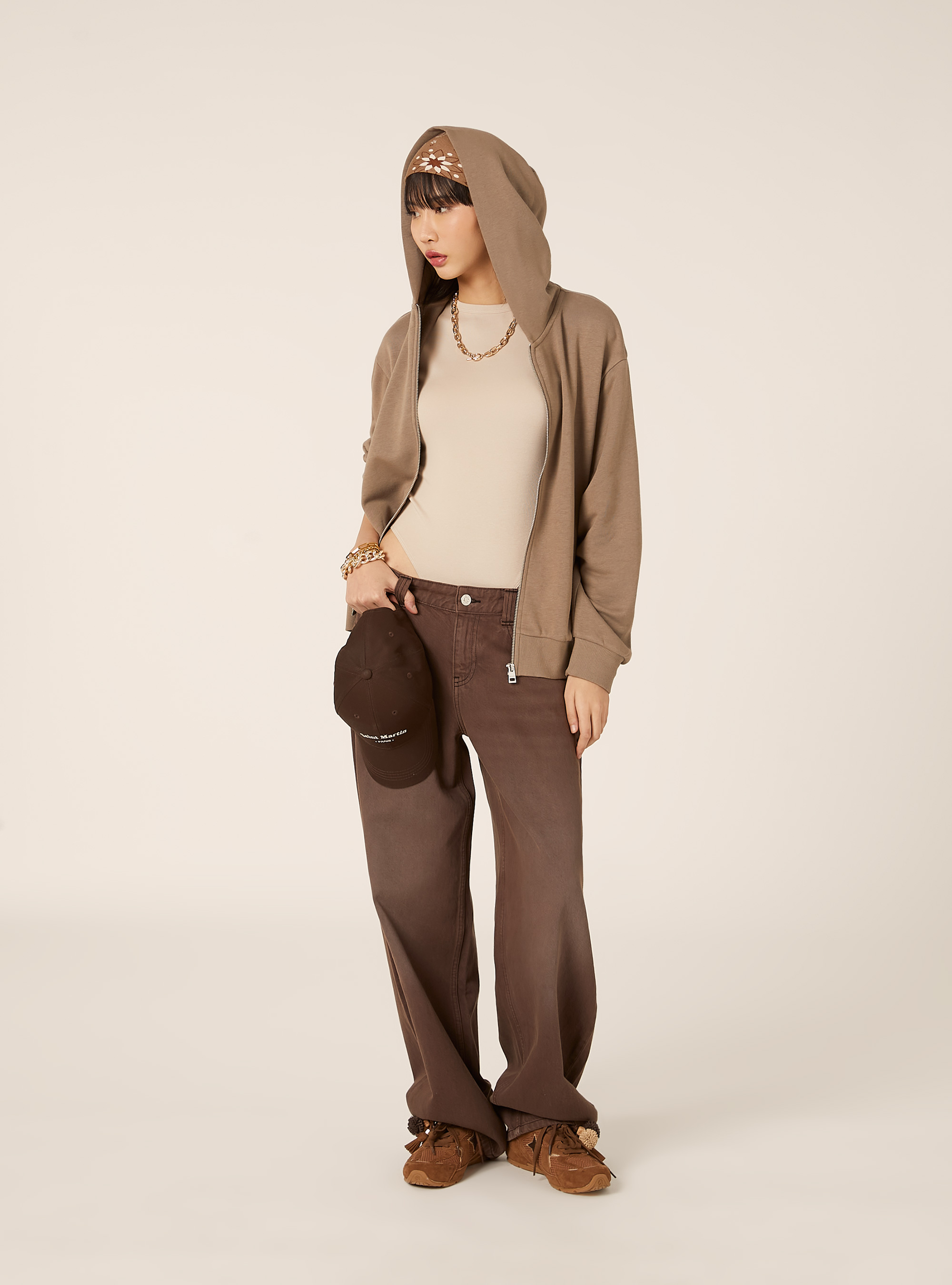 Sweat-shirt zipp&eacute; coupe boxy, BR3 BROWN LIGHT