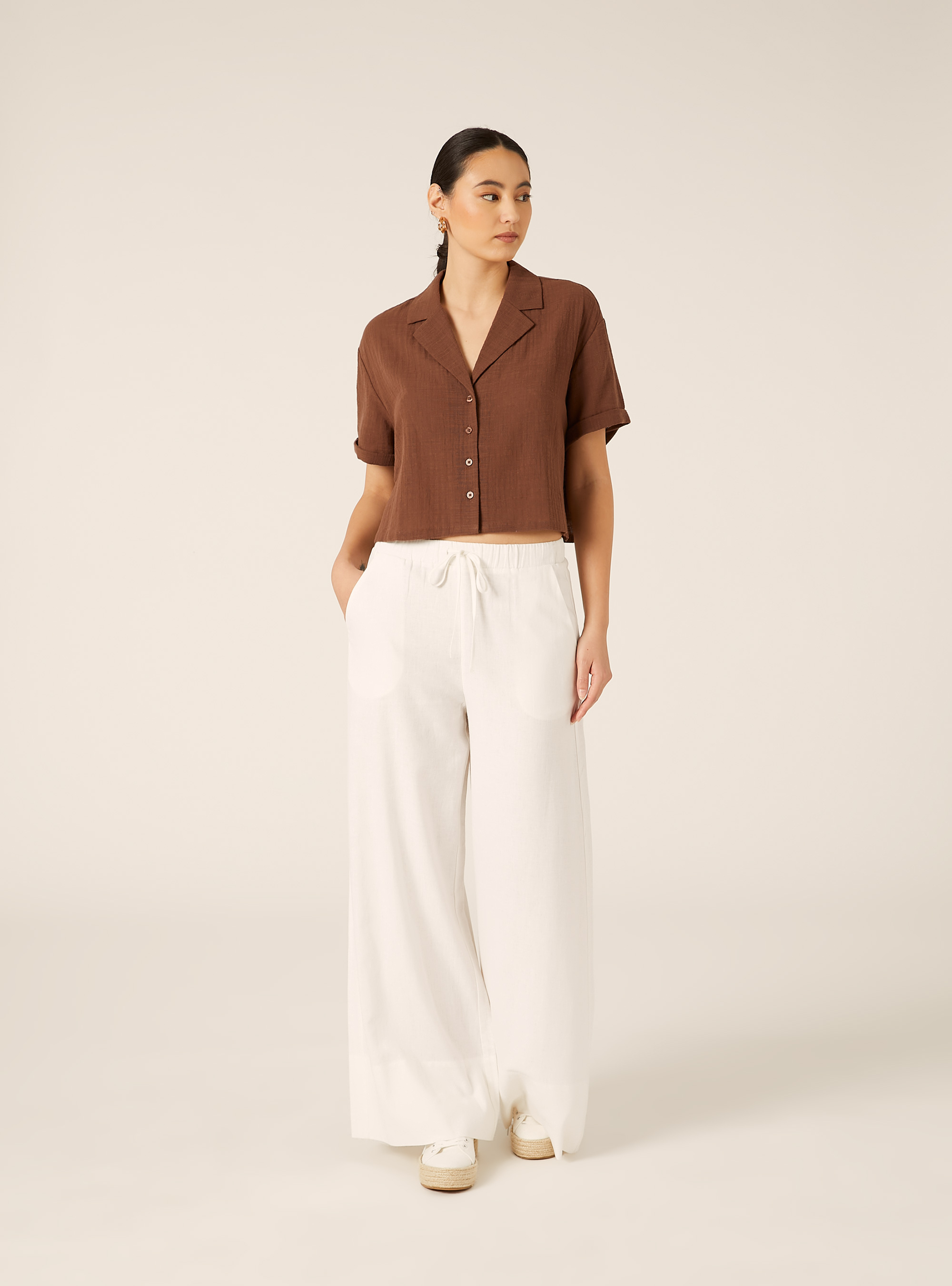 Camicia maniche corte crop, MARRONE MEDIO
