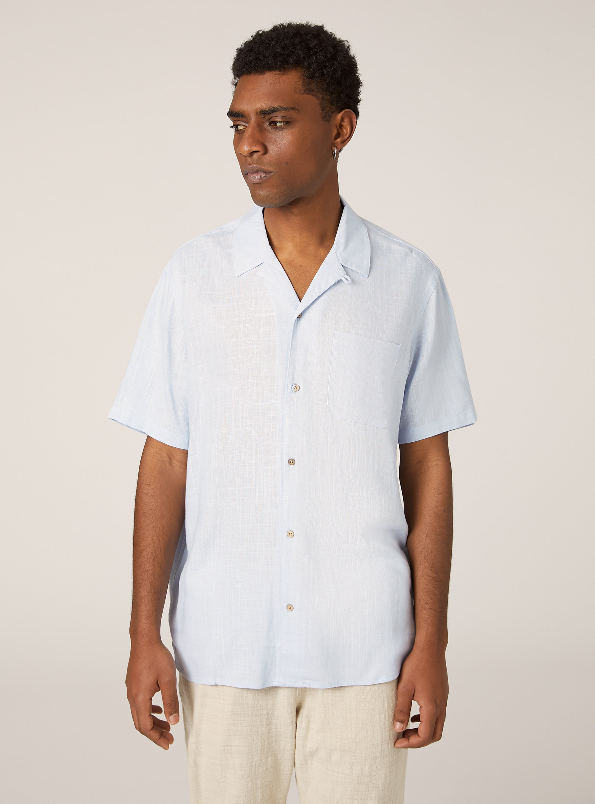 Chemise en lin m&eacute;lang&eacute; avec col bowling, AZ2 AZURE MEDIUM