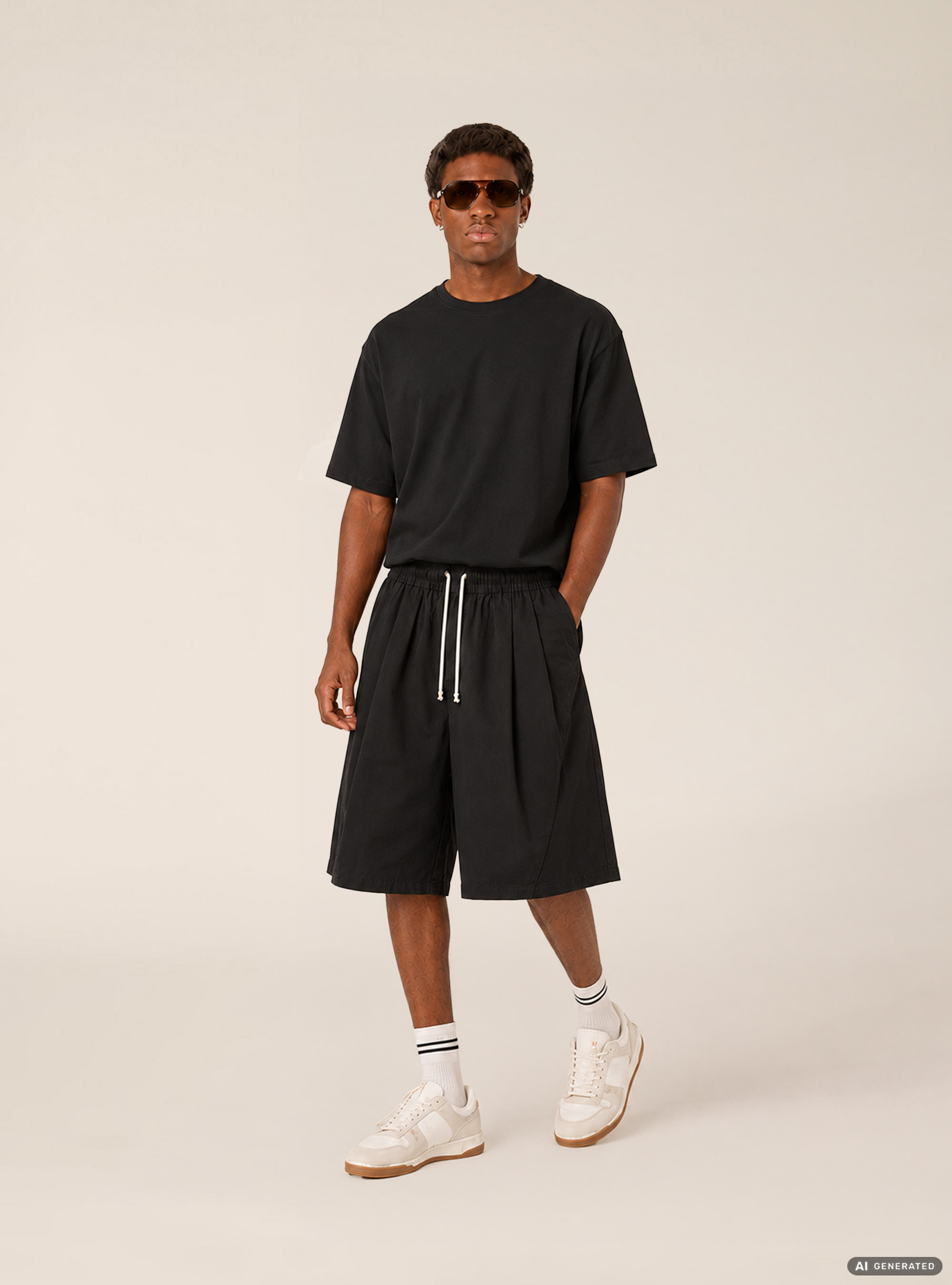 Bermuda baggy con pince misto cotone, BK1 BLACK
