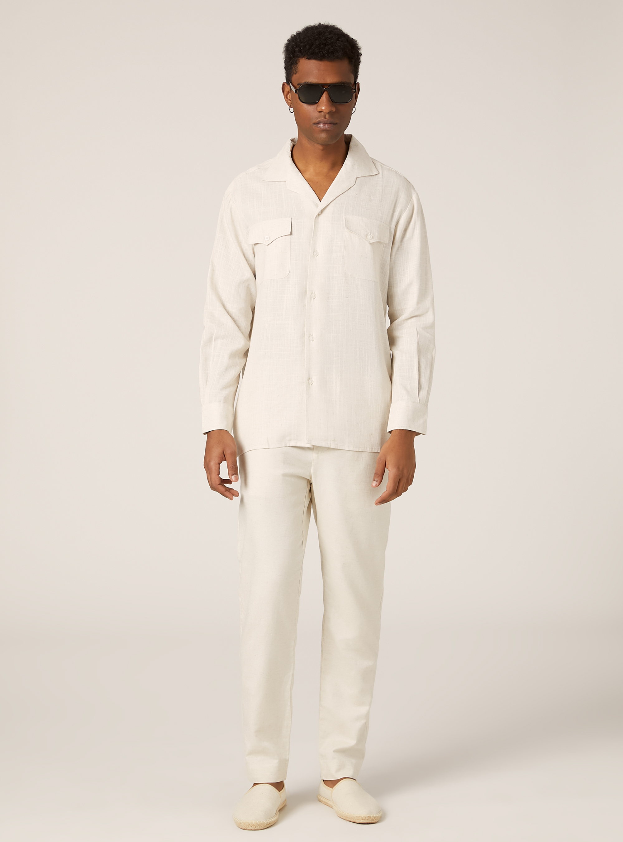 Camicia in misto lino con taschini, BEIGE CHIARO MELANGE