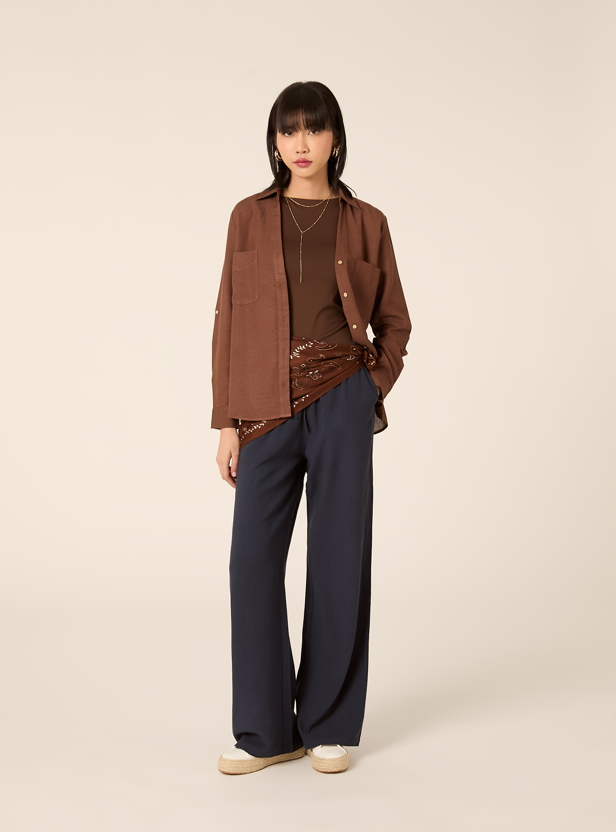 Camicia in misto lino con scollo a V, MARRONE MEDIO