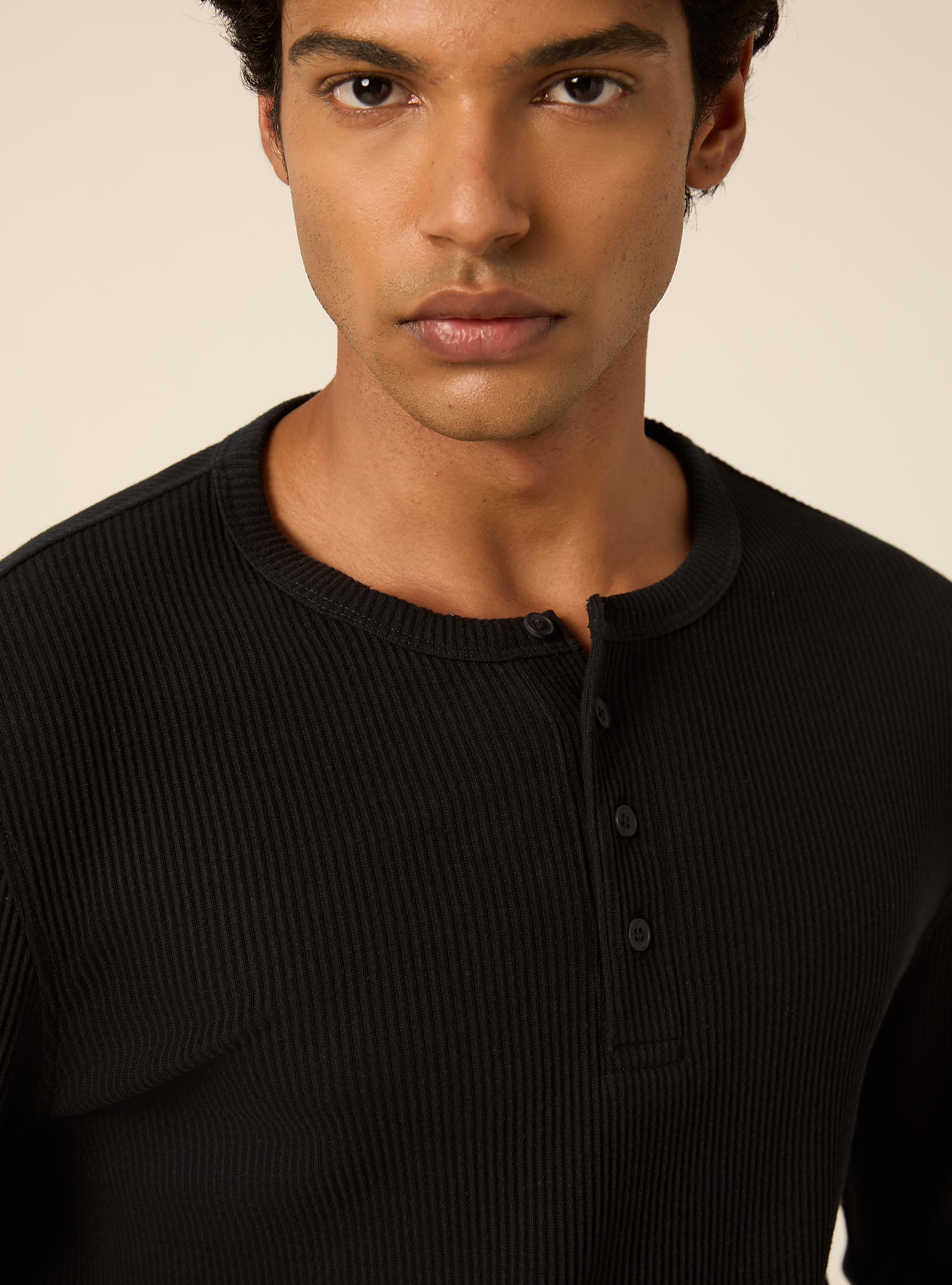 Maglietta henley a maniche lunghe a costine, NAVY SCURO