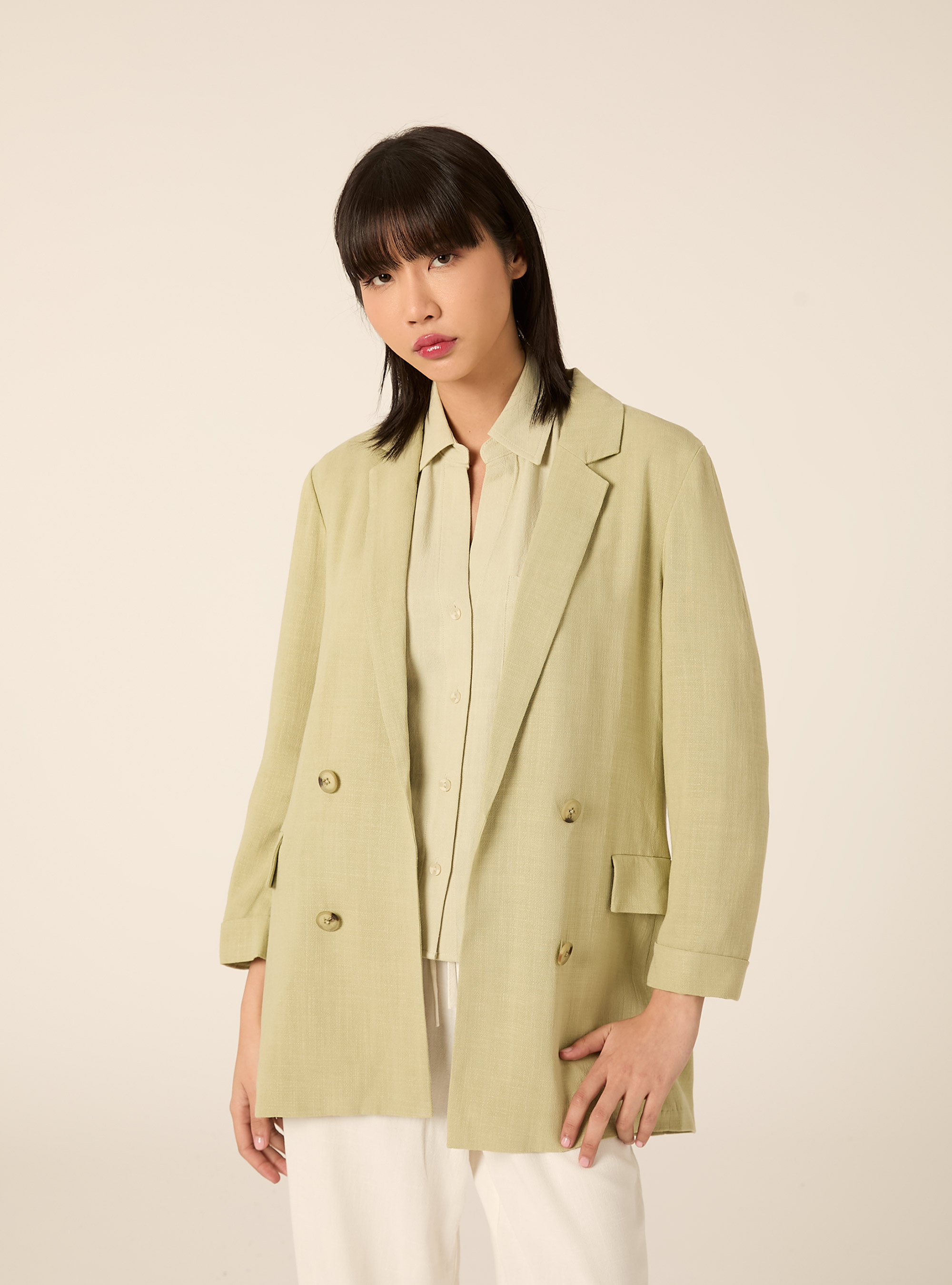 Double-breasted linen-blend blazer, GN3 GREEN LIGHT