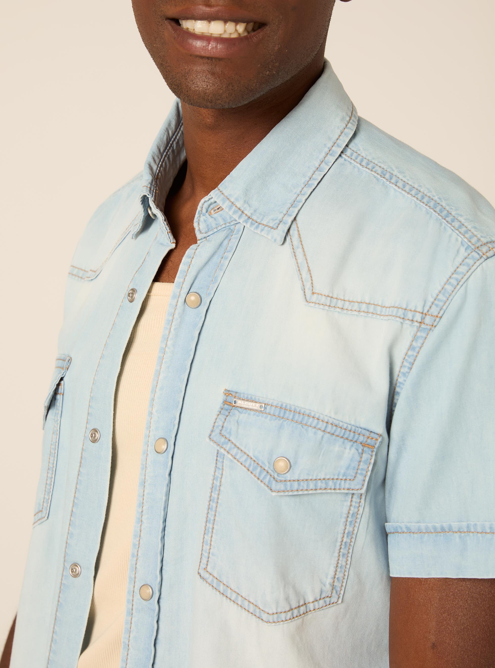 Short Sleeve Western Denim Shirt, D006 AZURE