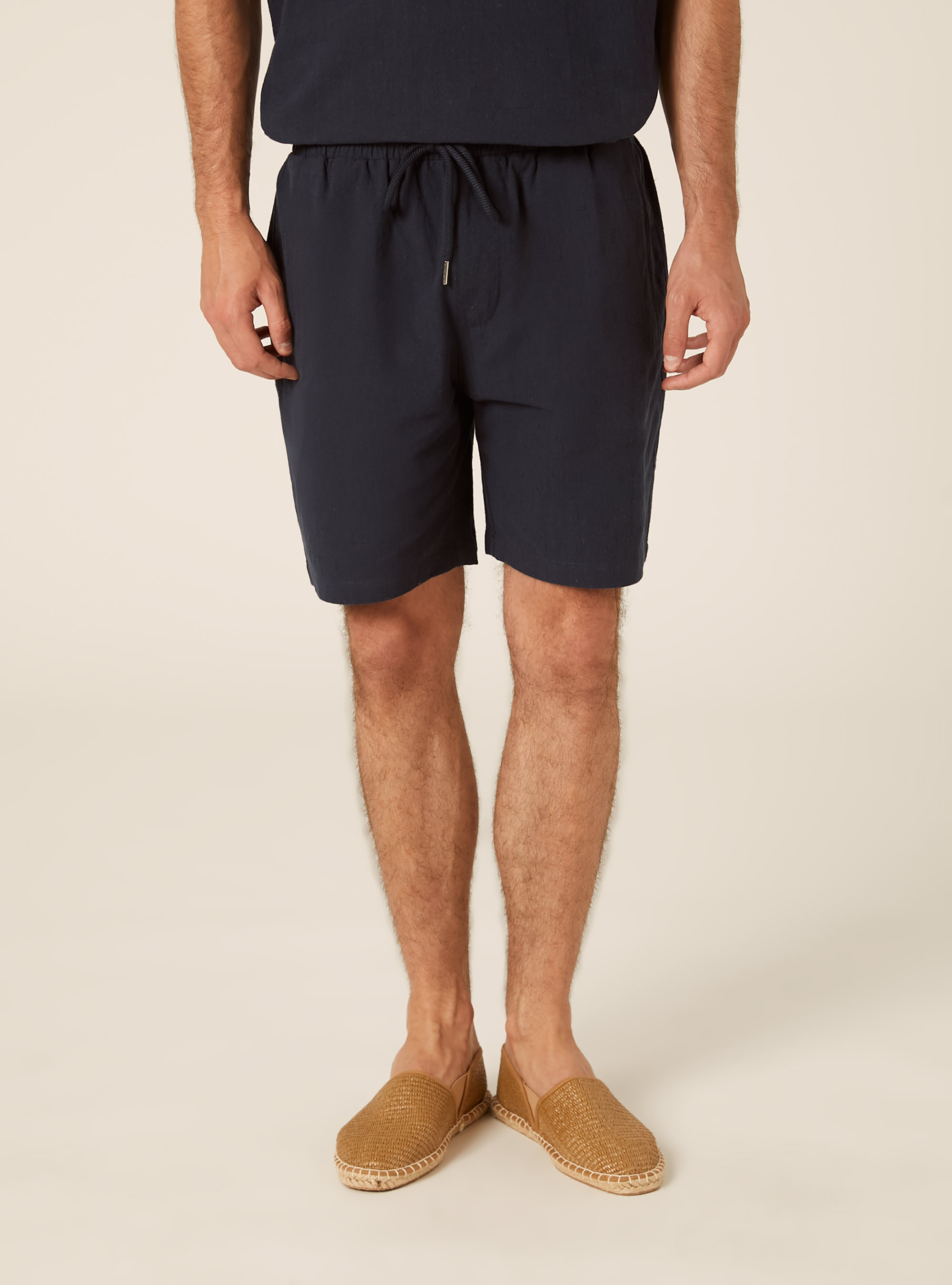 Bermuda in misto lino con laccio in vita, NAVY MEDIO