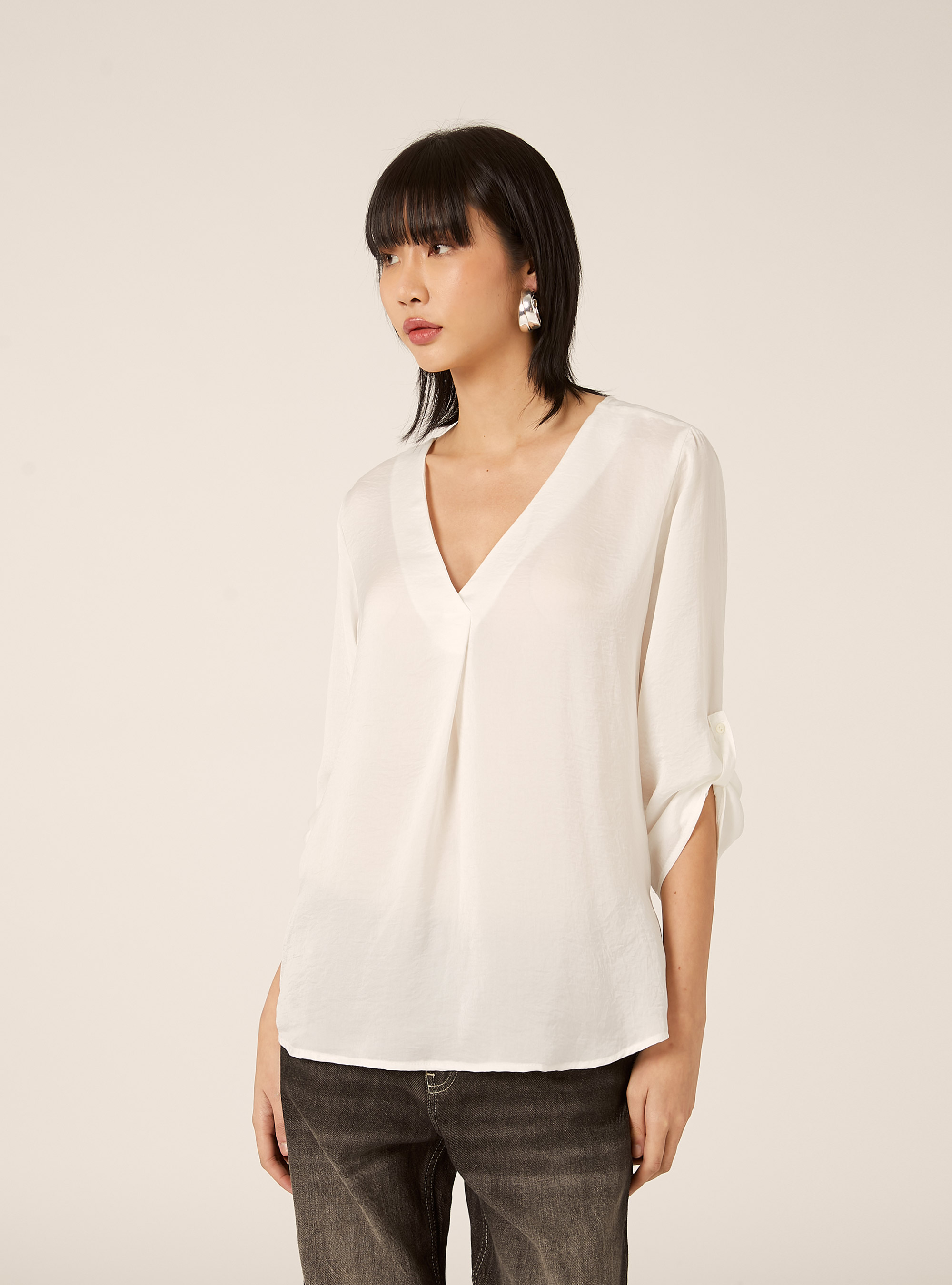 Blouse &agrave; encolure unie, WH1 OFF WHITE
