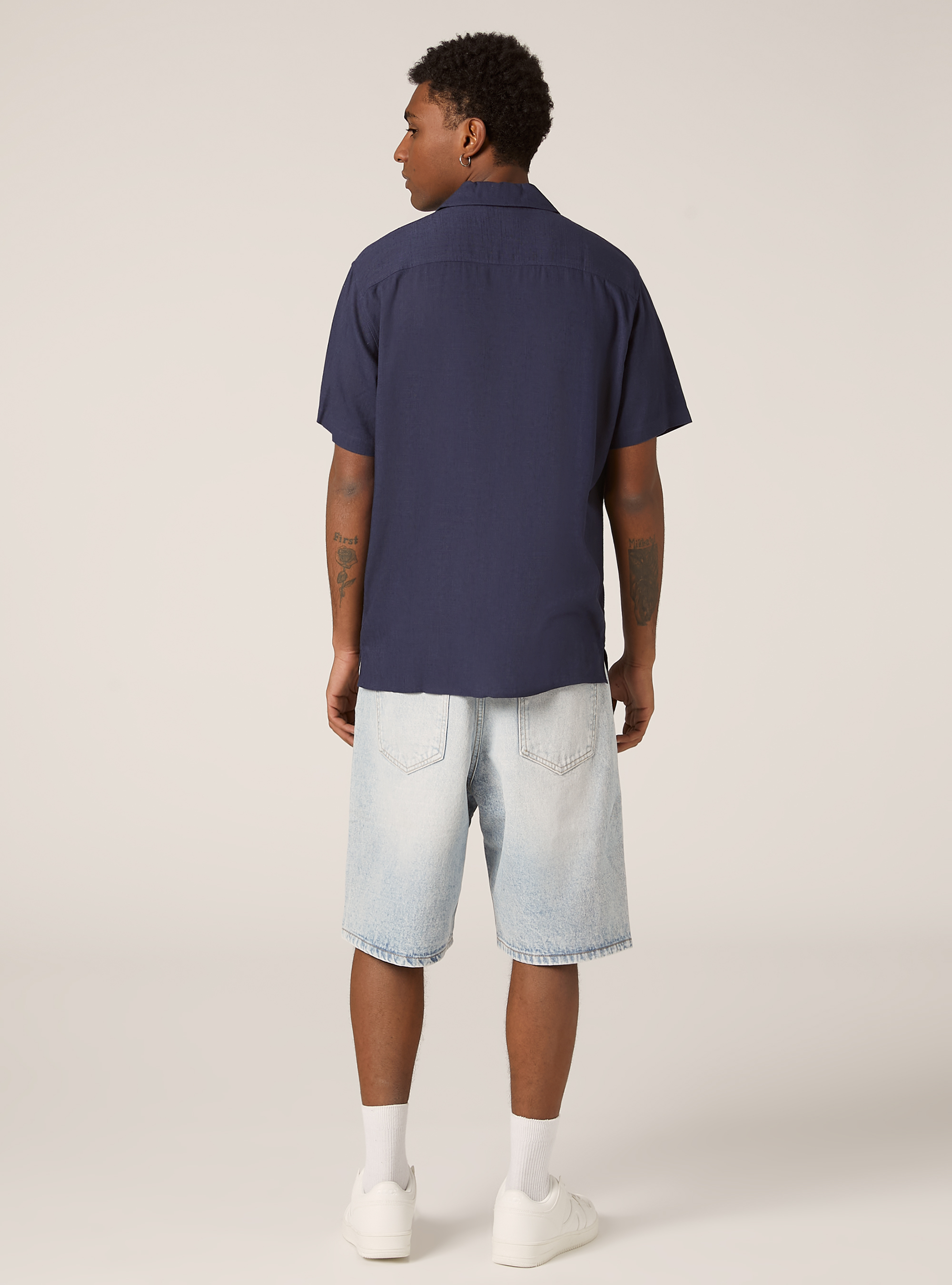 Chemise en lin m&eacute;lang&eacute; avec col bowling, BL2 BLUE MEDIUM