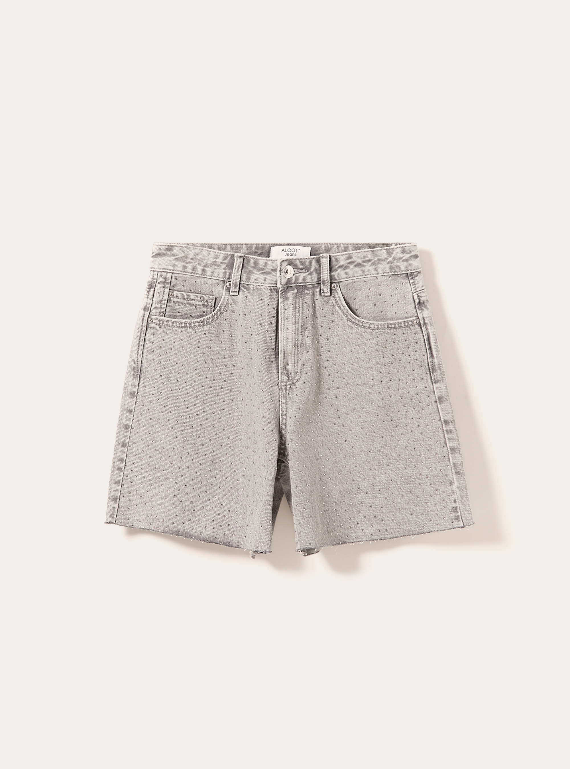 Shorts in denim longline con strass, D00G GREY