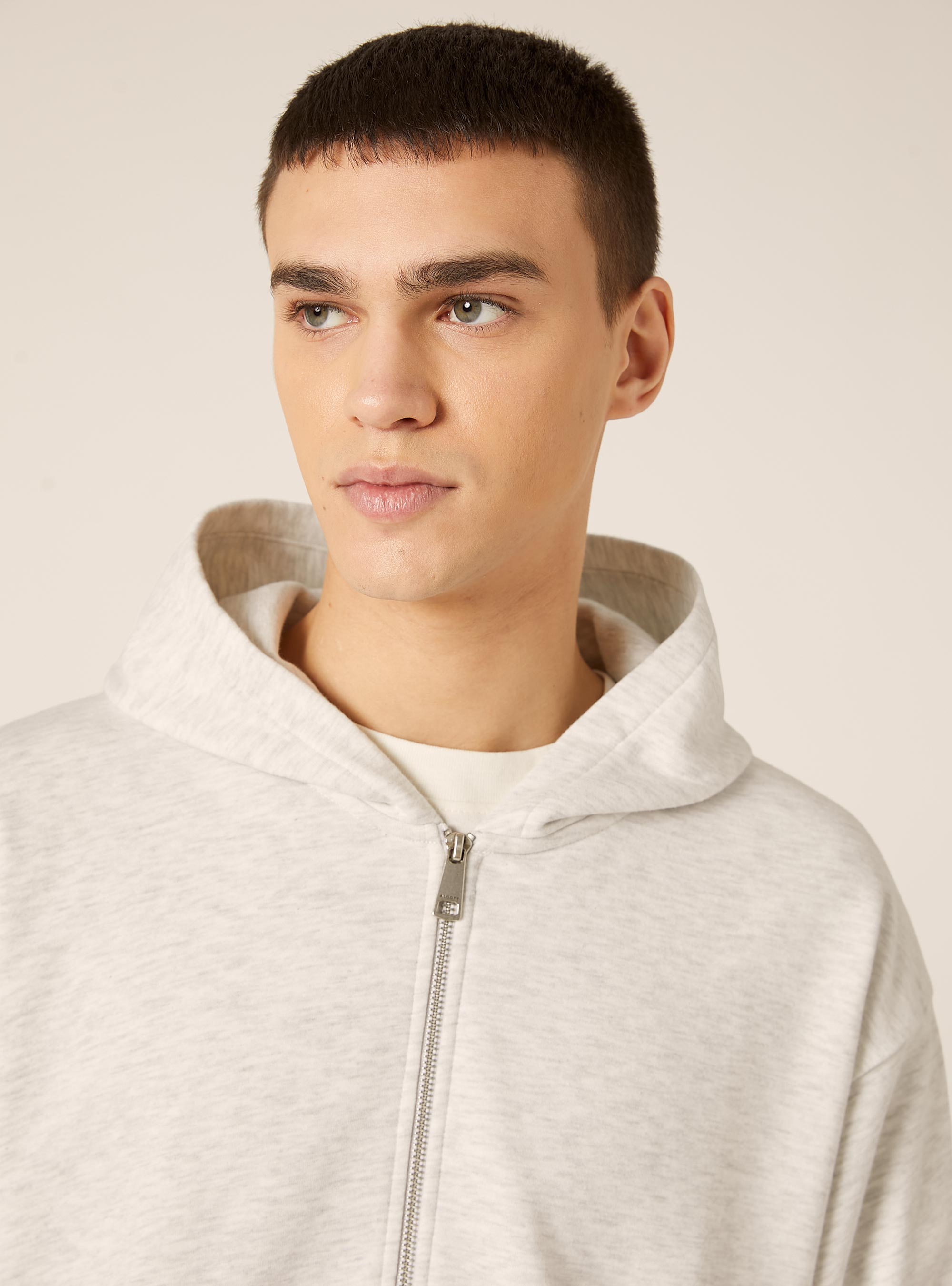 Felpa con zip e cappuccio boxy fit, GRIGIO CHIARO MELANGE