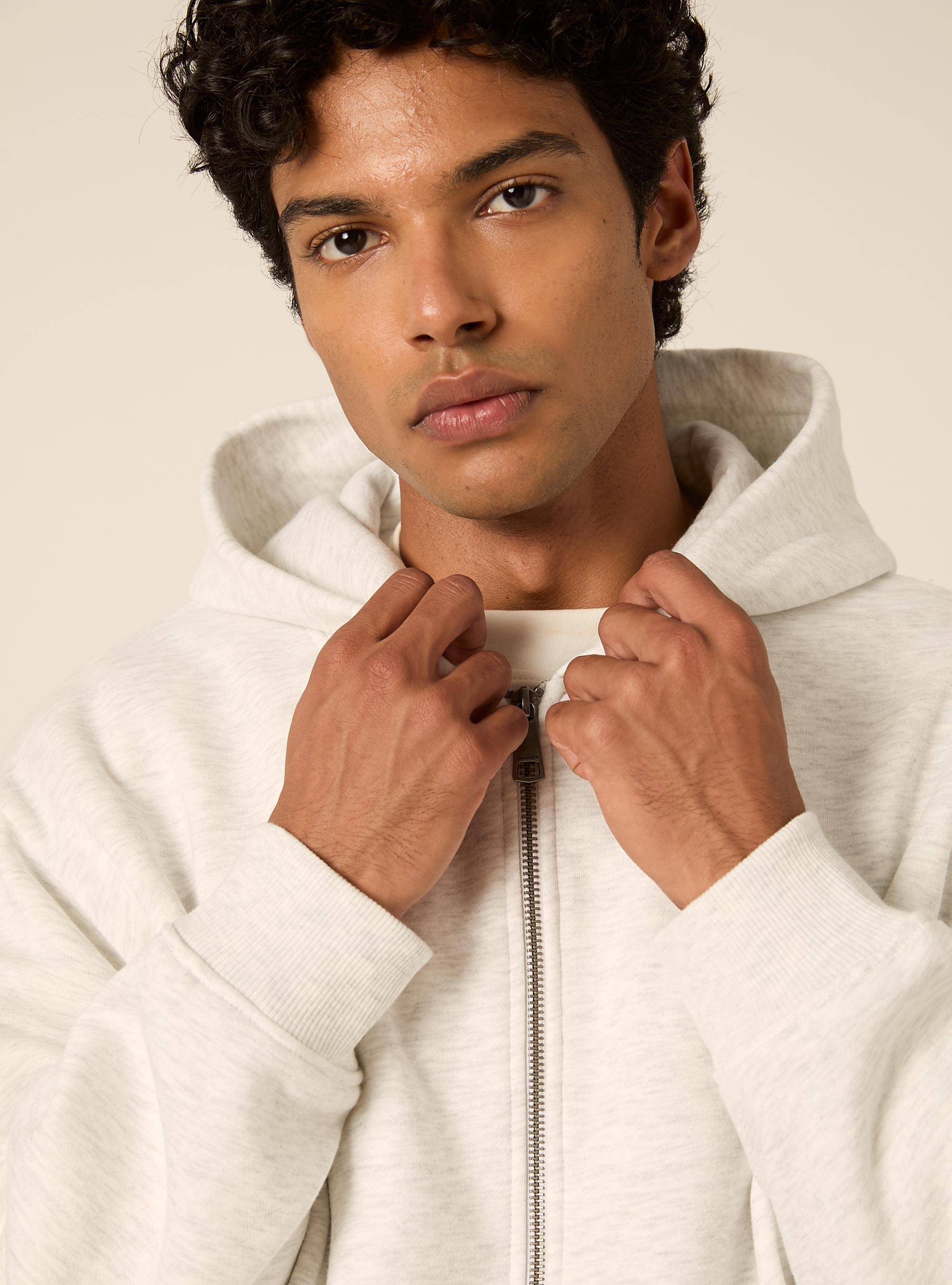 Felpa Boxy fit con zip e cappuccio, GRIGIO CHIARO MELANGE