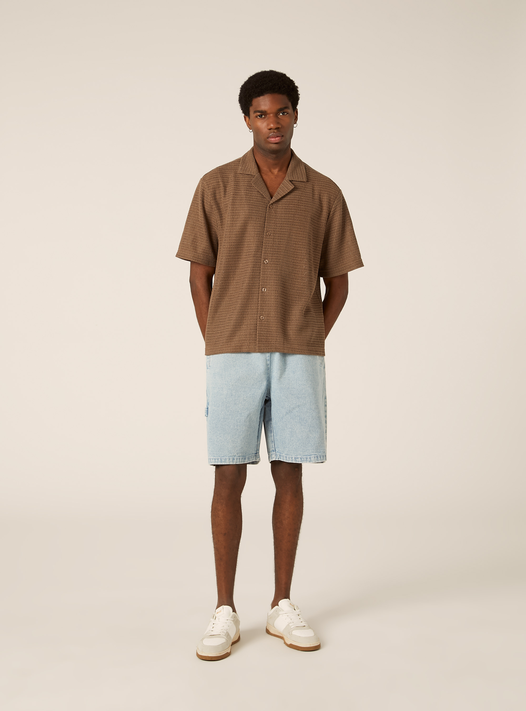Crochet-Effect Lightweight Knit Bowling Shirt, BR3 BROWN LIGHT