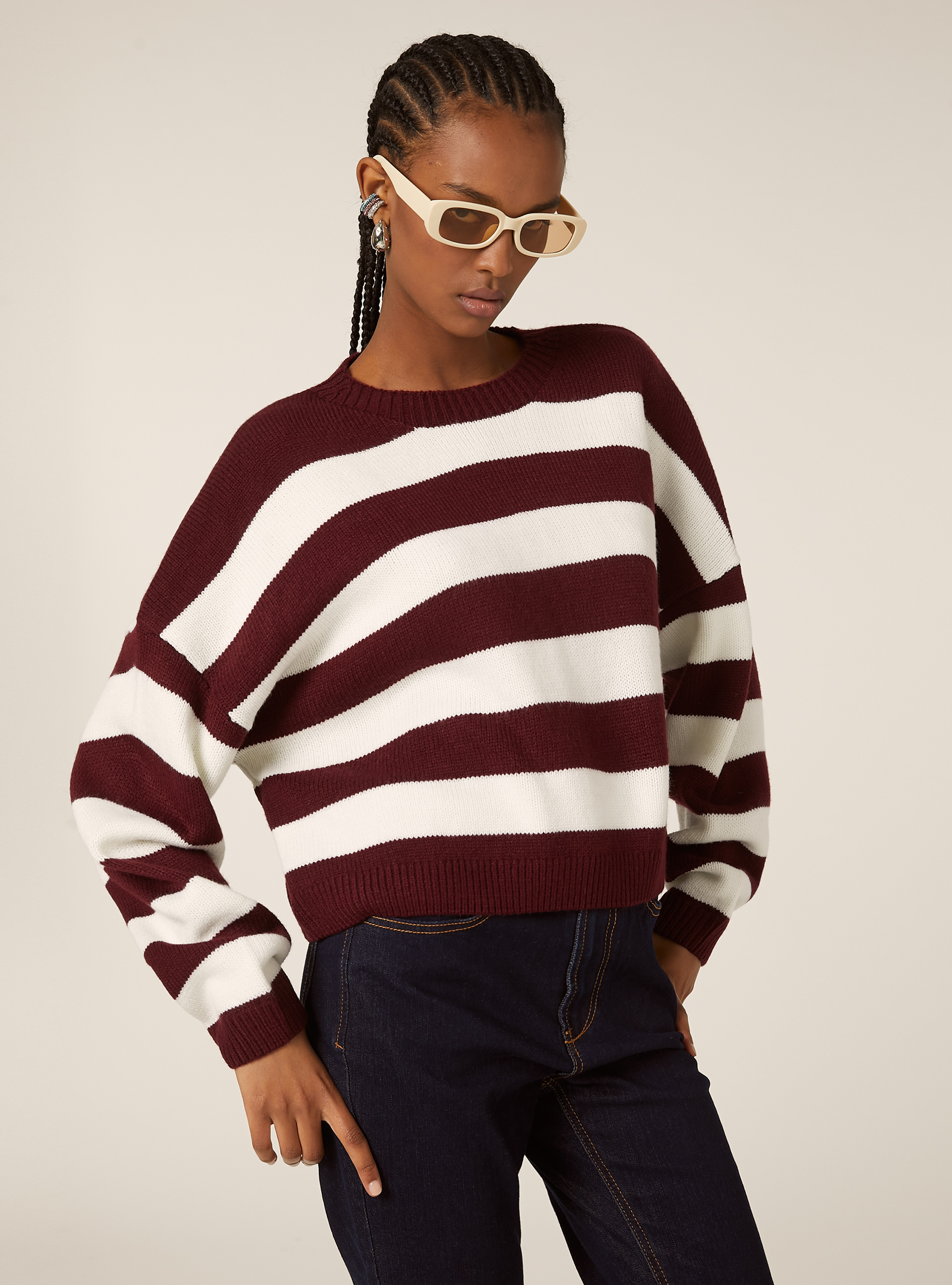 Pull-over doux &agrave; rayures, BO2 BORDEAUX MEDIUM