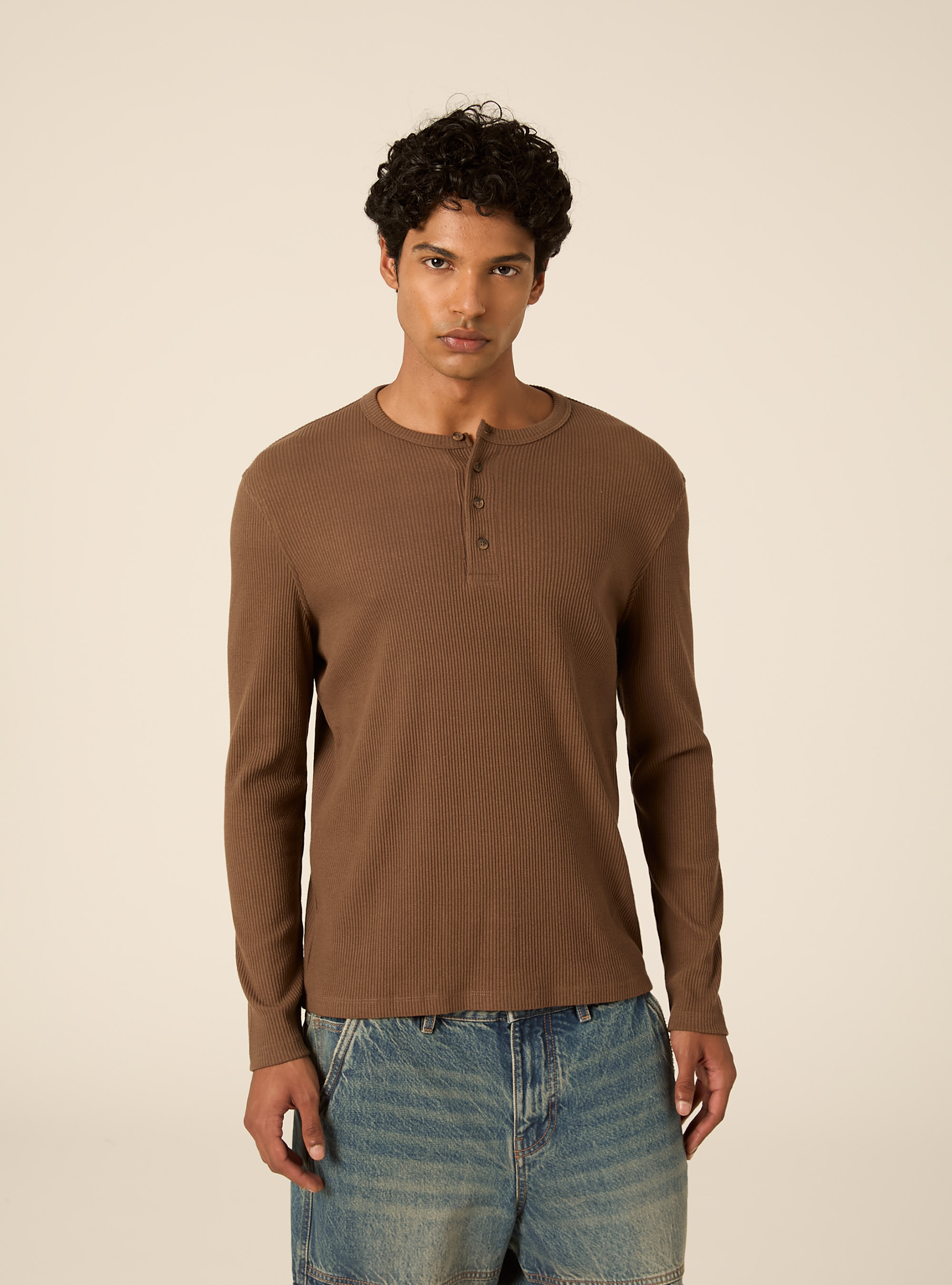 Long sleeve ribbed henley shirt, BR2 BROWN MEDIUM