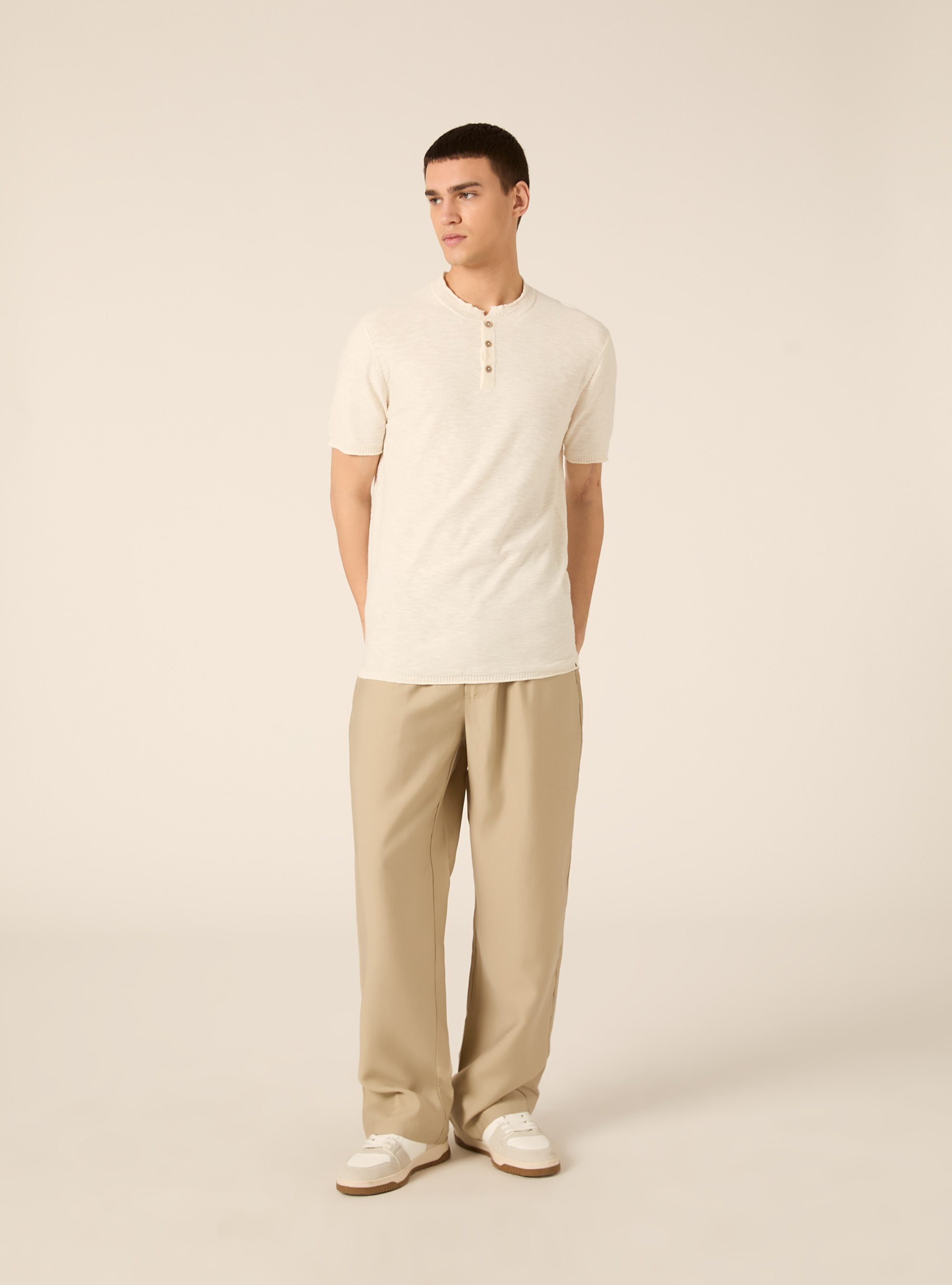 Short Sleeve Henley Pullover, WH1 OFF WHITE