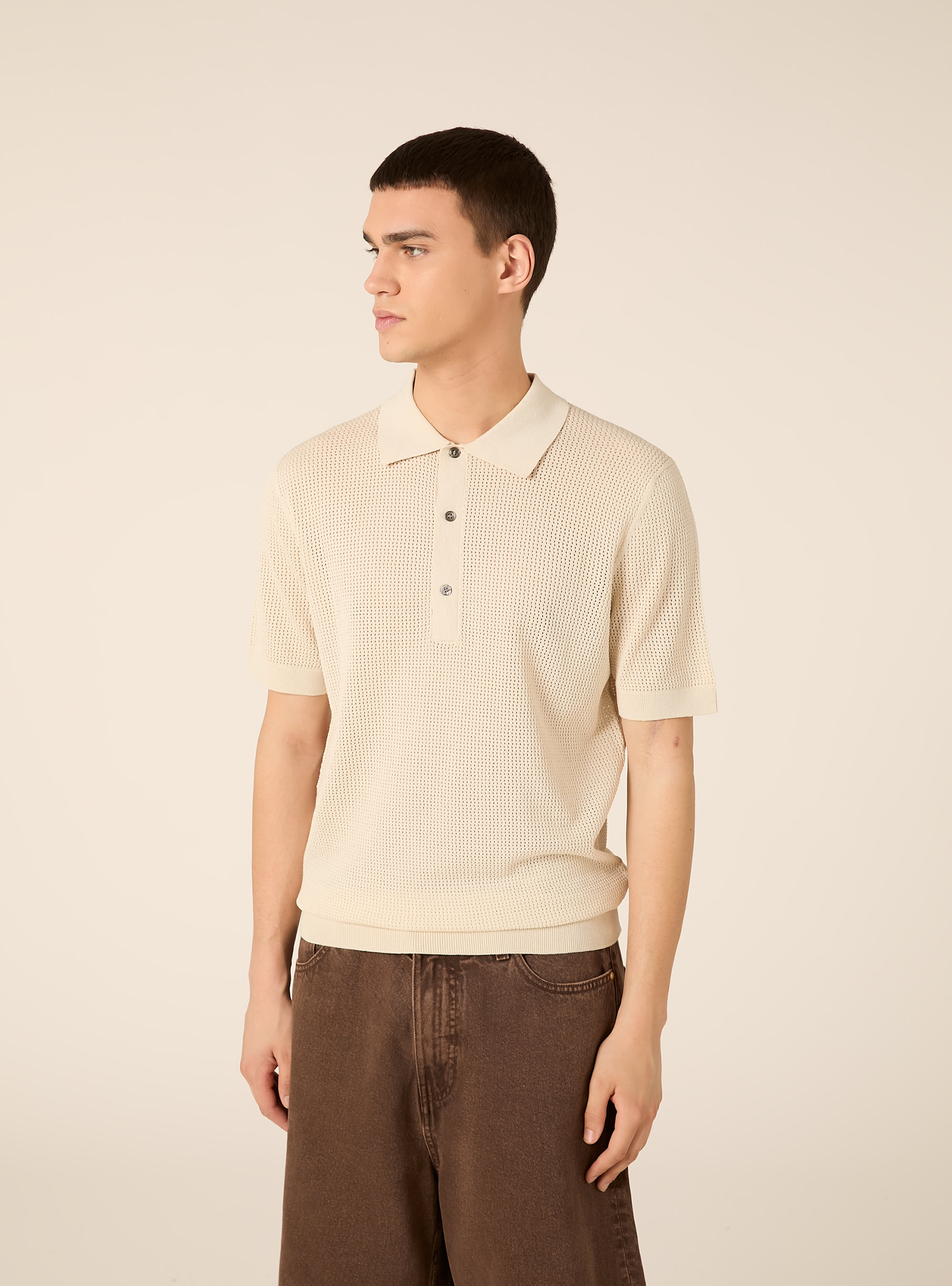 Maglia polo in crochet in misto viscosa, CR3 CREAM LIGHT