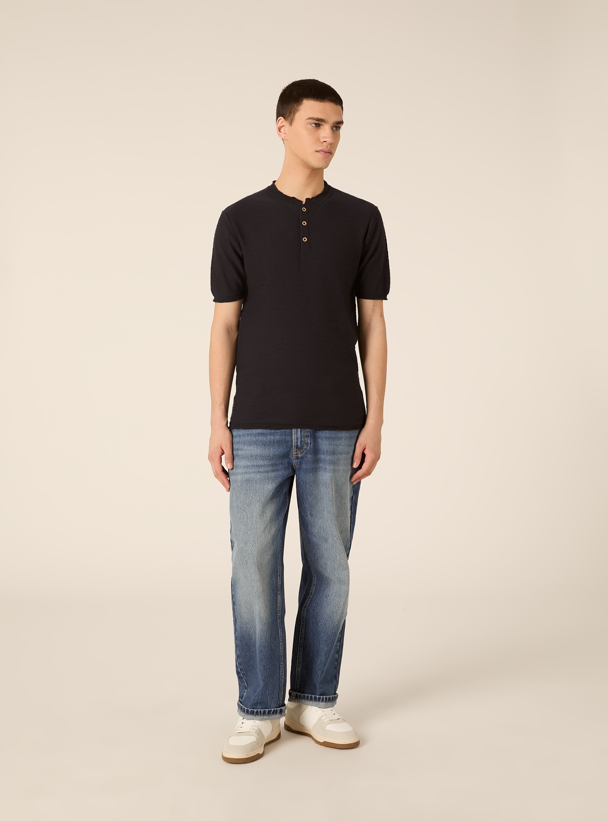 Kurzarmpullover mit Henley-Ausschnitt, NA2 NAVY MEDIUM