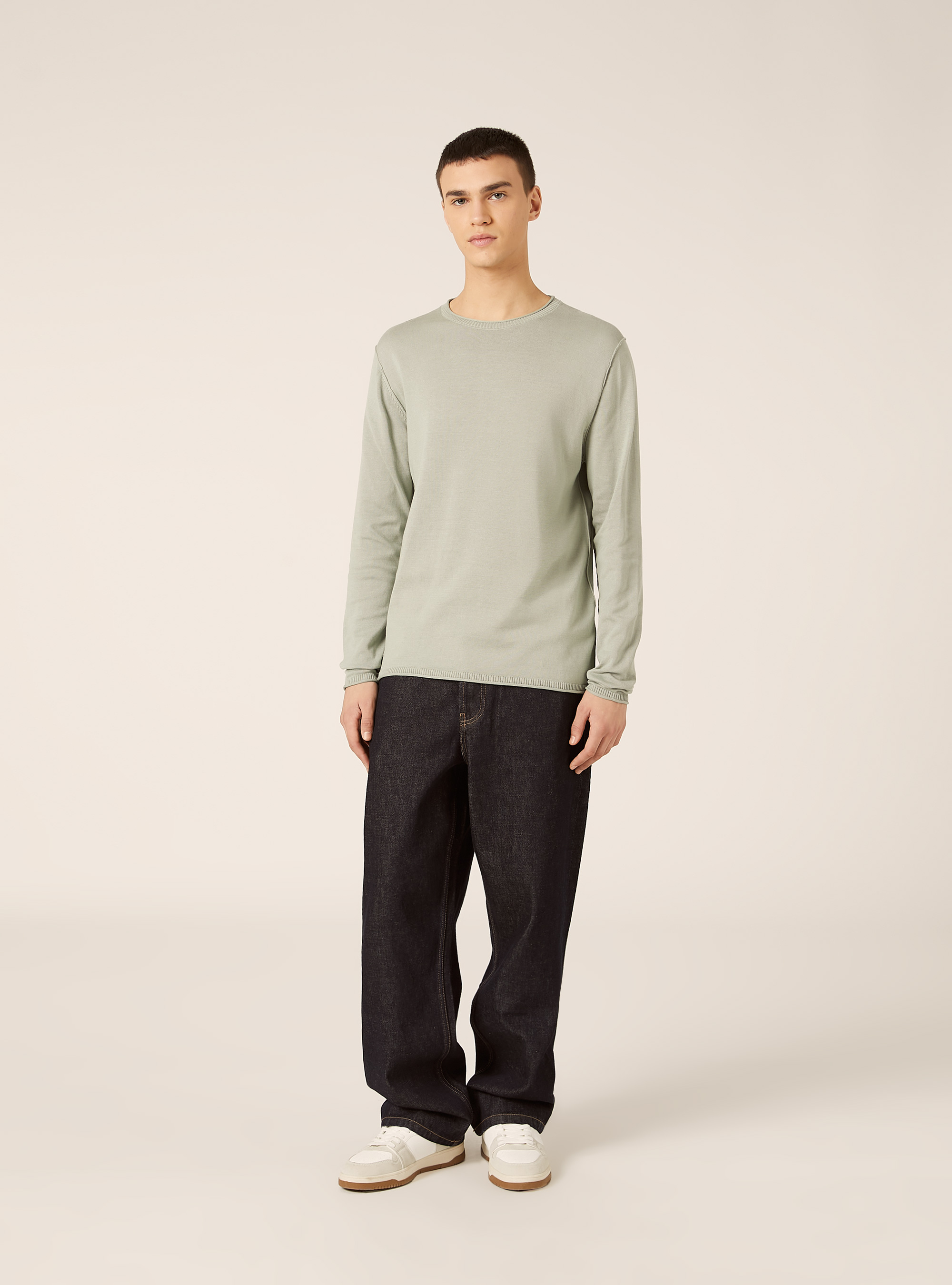 Pullover girocollo in cotone, SALVIA CHIARO