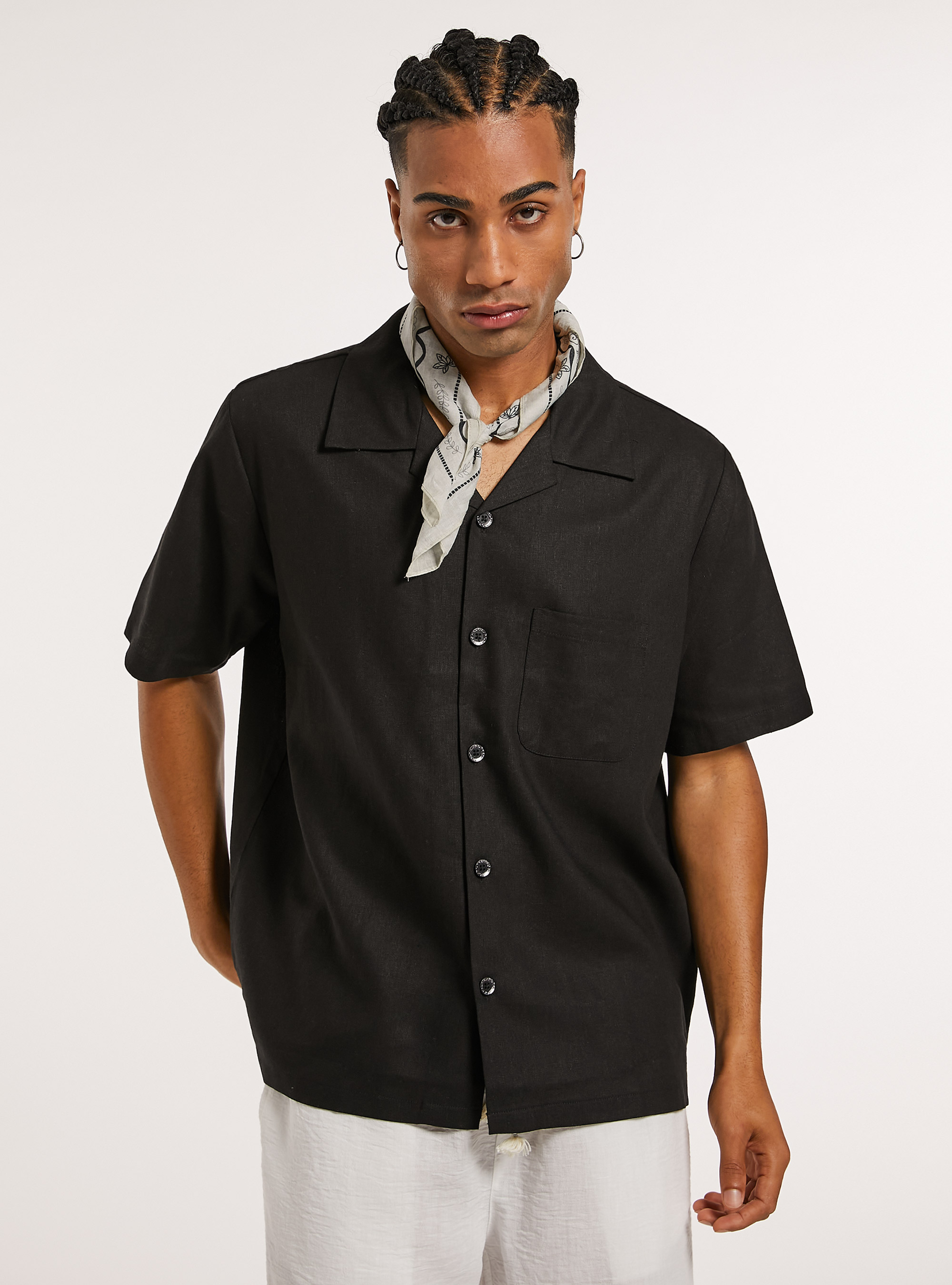 Camicia in misto  lino con tascone, BK1 BLACK