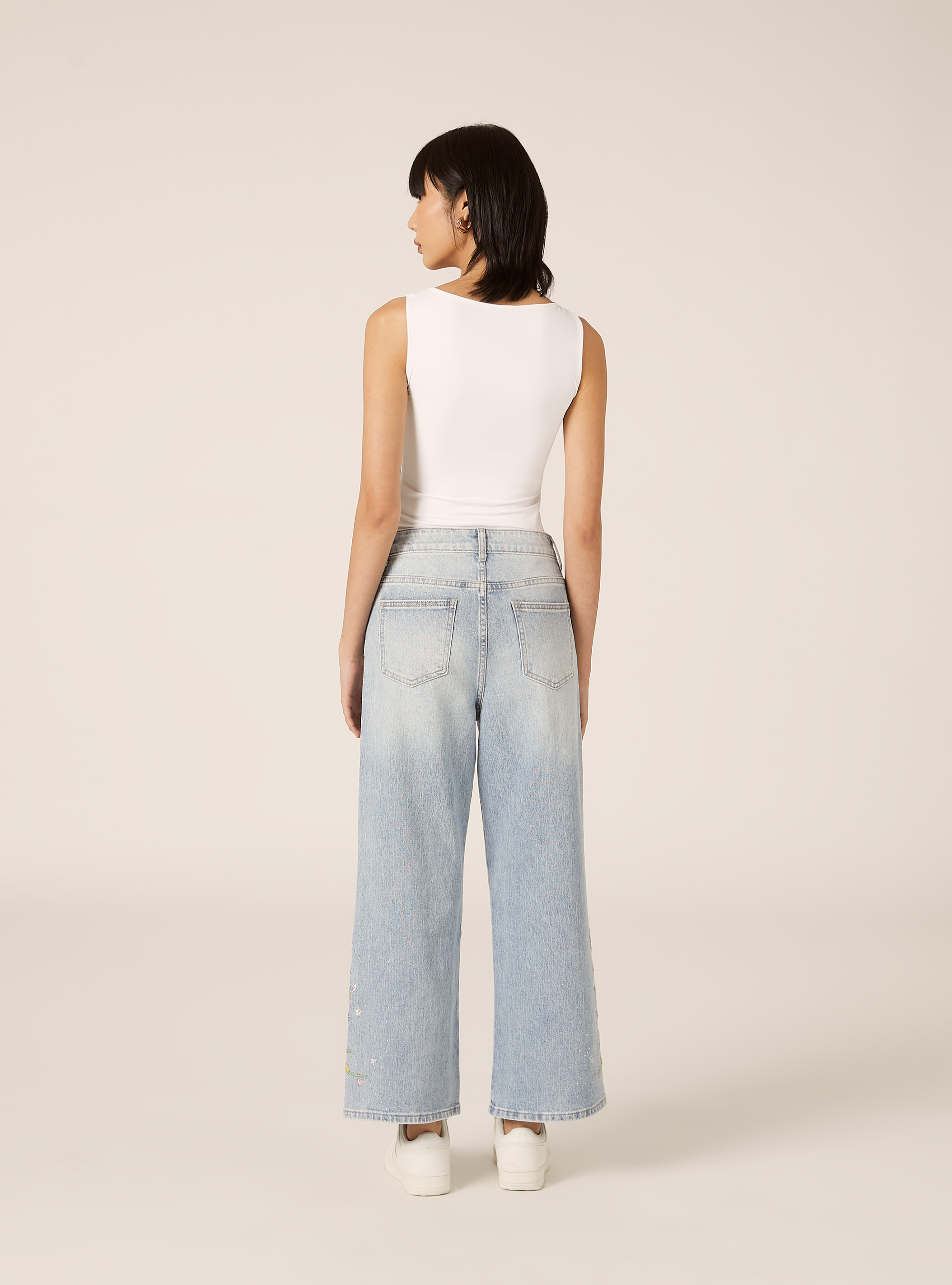 Jeans straight fit corto con ricami, D006 AZURE