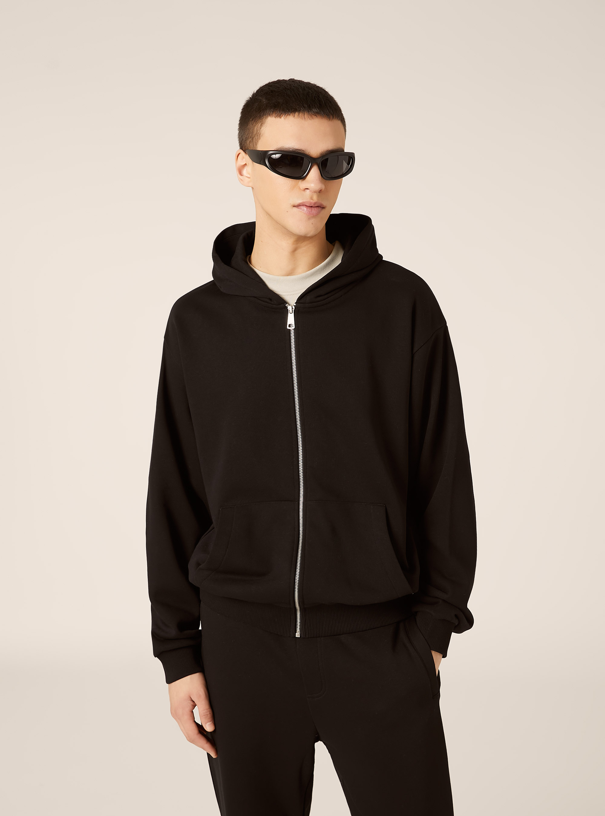 Felpa con zip e cappuccio boxy fit, NERO