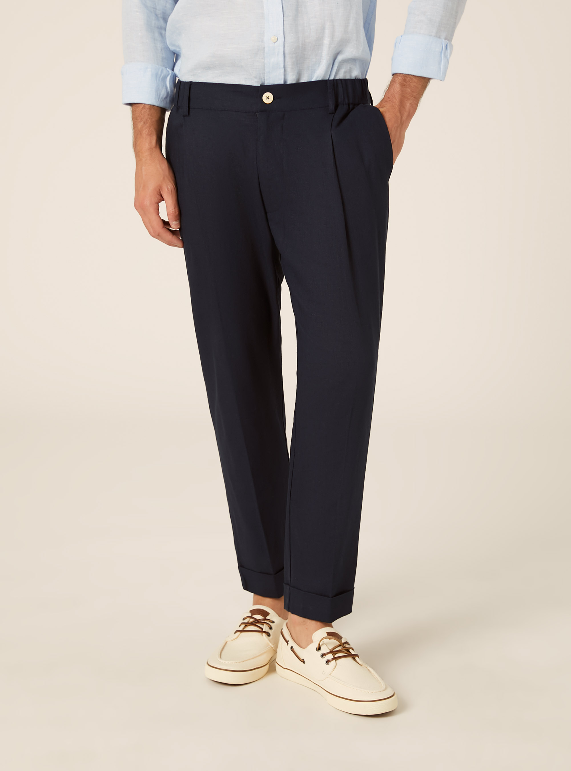 Linen Blend Pleated Trousers, NA1 NAVY DARK