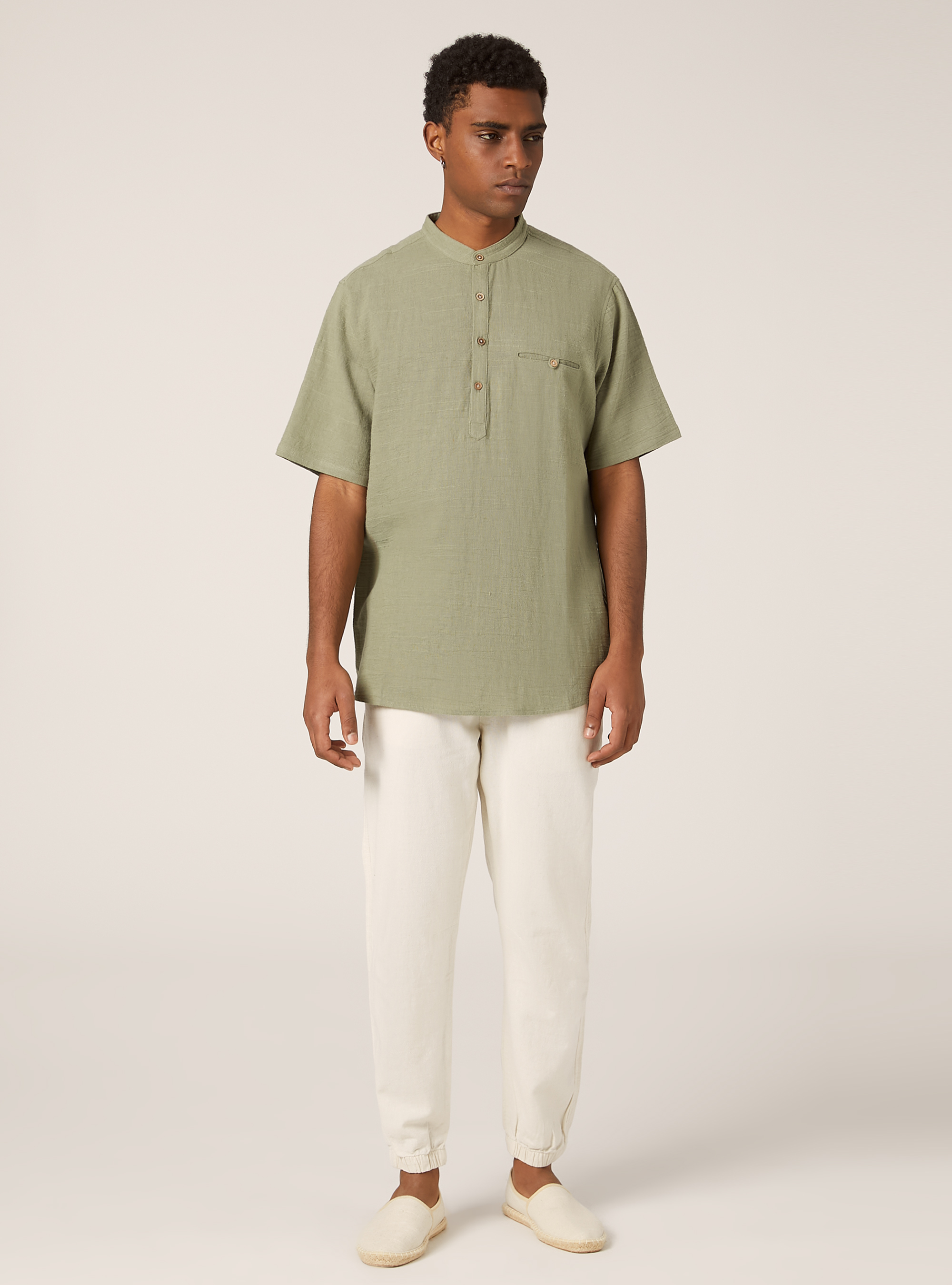 Linen blend shirt with Korean collar, KY2 KAKY MEDIUM