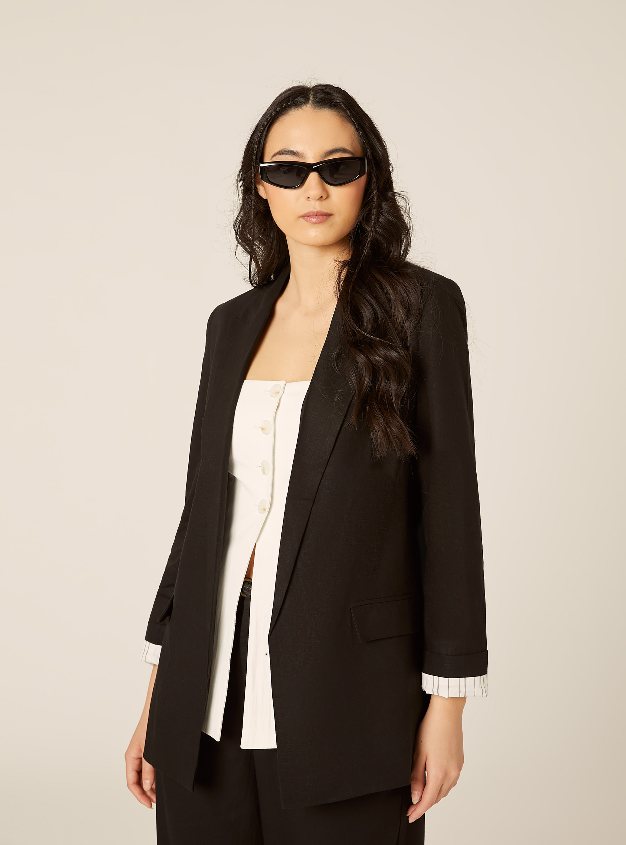 Offener Blazer aus Leinenmischung, BK1 BLACK