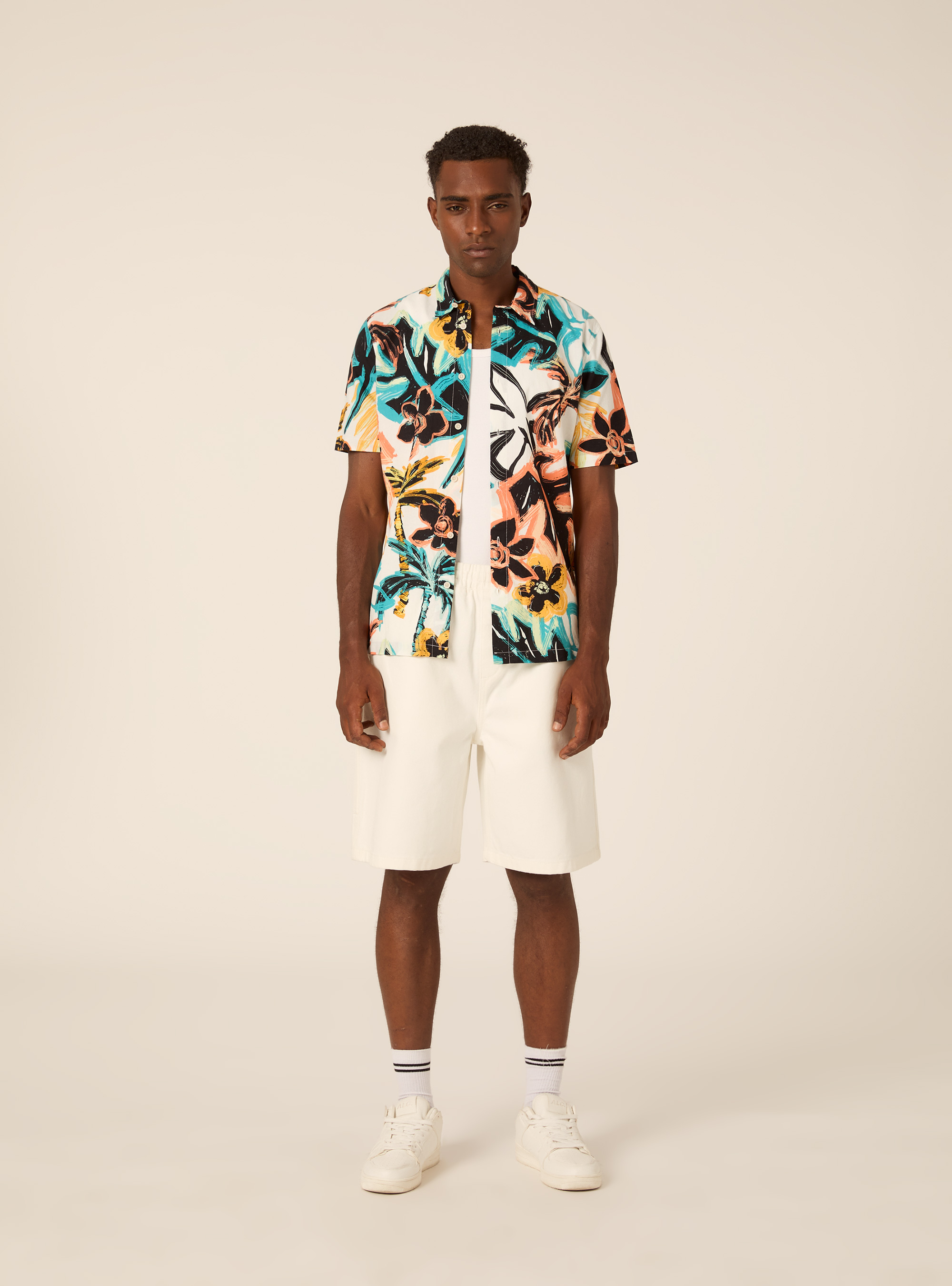 Camisa de Manga Corta con Estampado Tropical, WH1 OFF WHITE