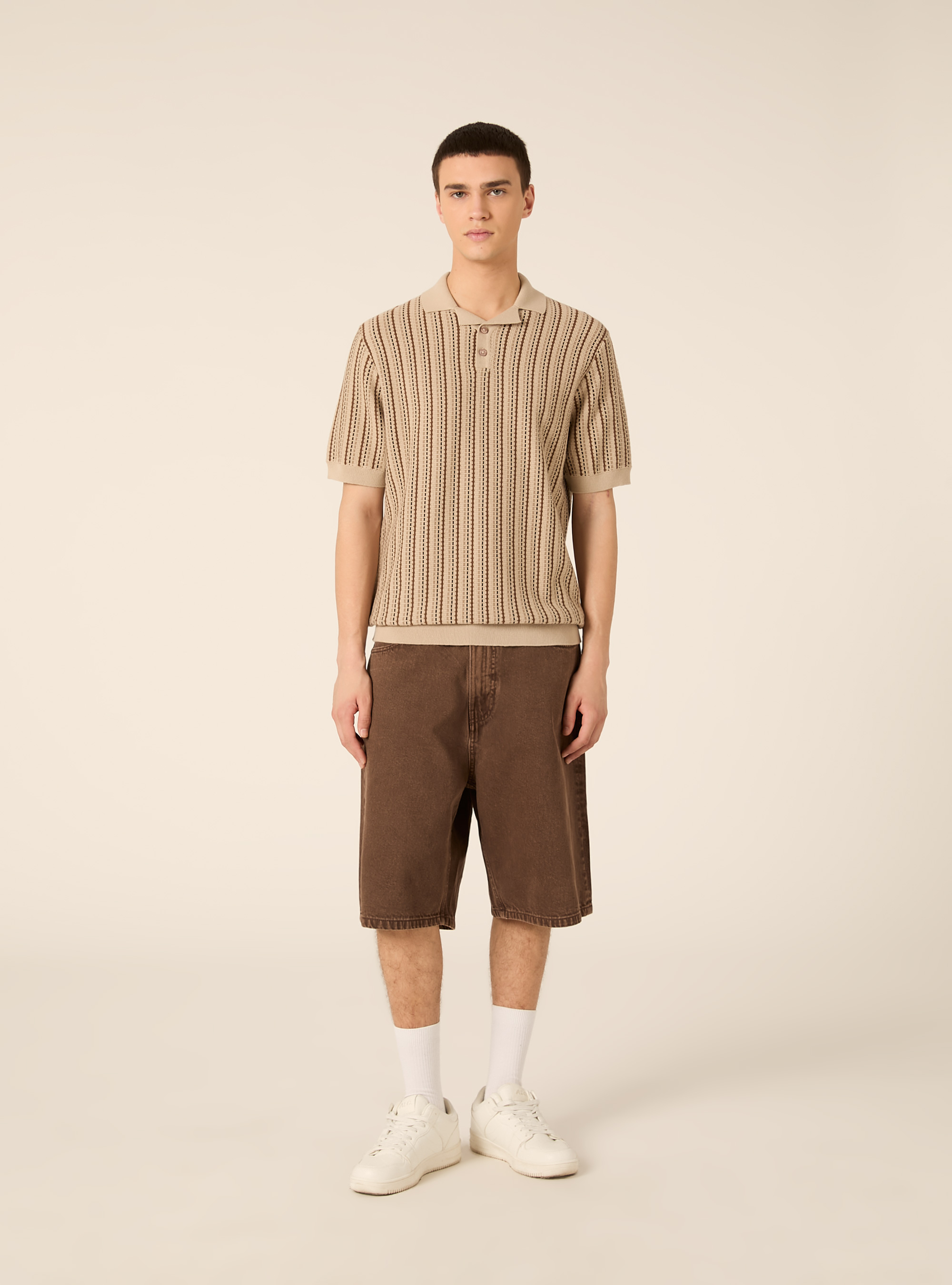 Striped Knit Polo Shirt, BG2 BEIGE MEDIUM