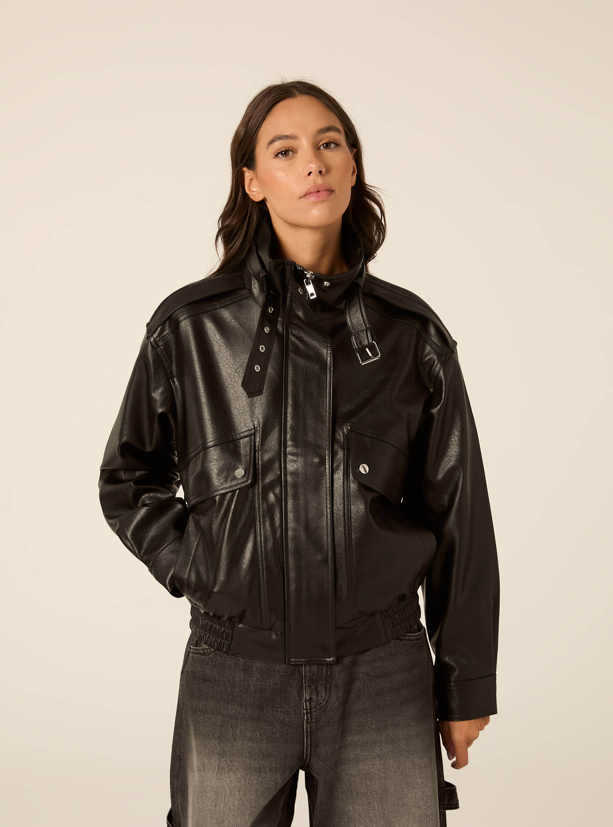 Faux leather bomber jacket with high neck and buckle, BK1 BLACK