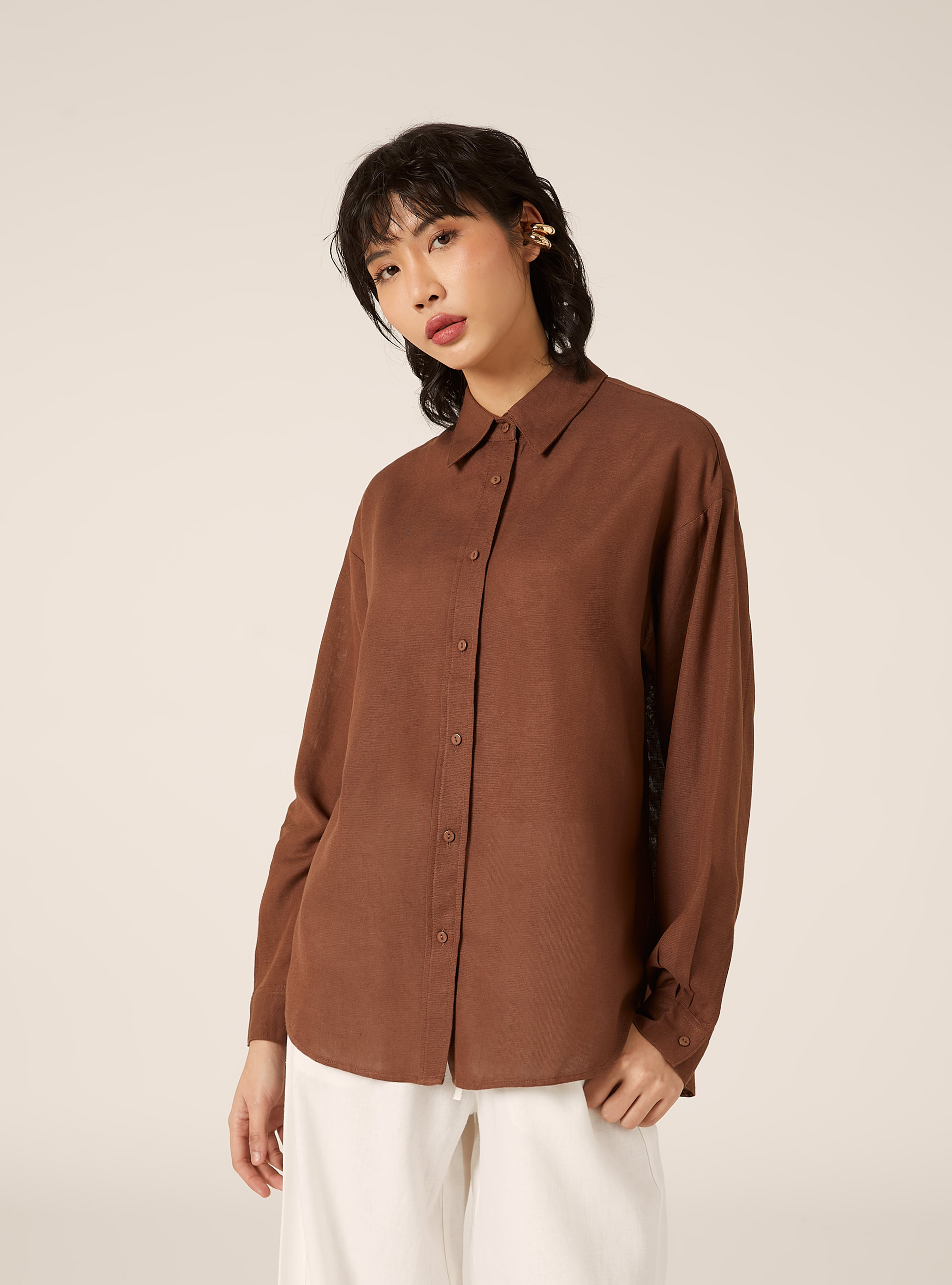 Camisa de mezcla de lino, BR2 BROWN MEDIUM