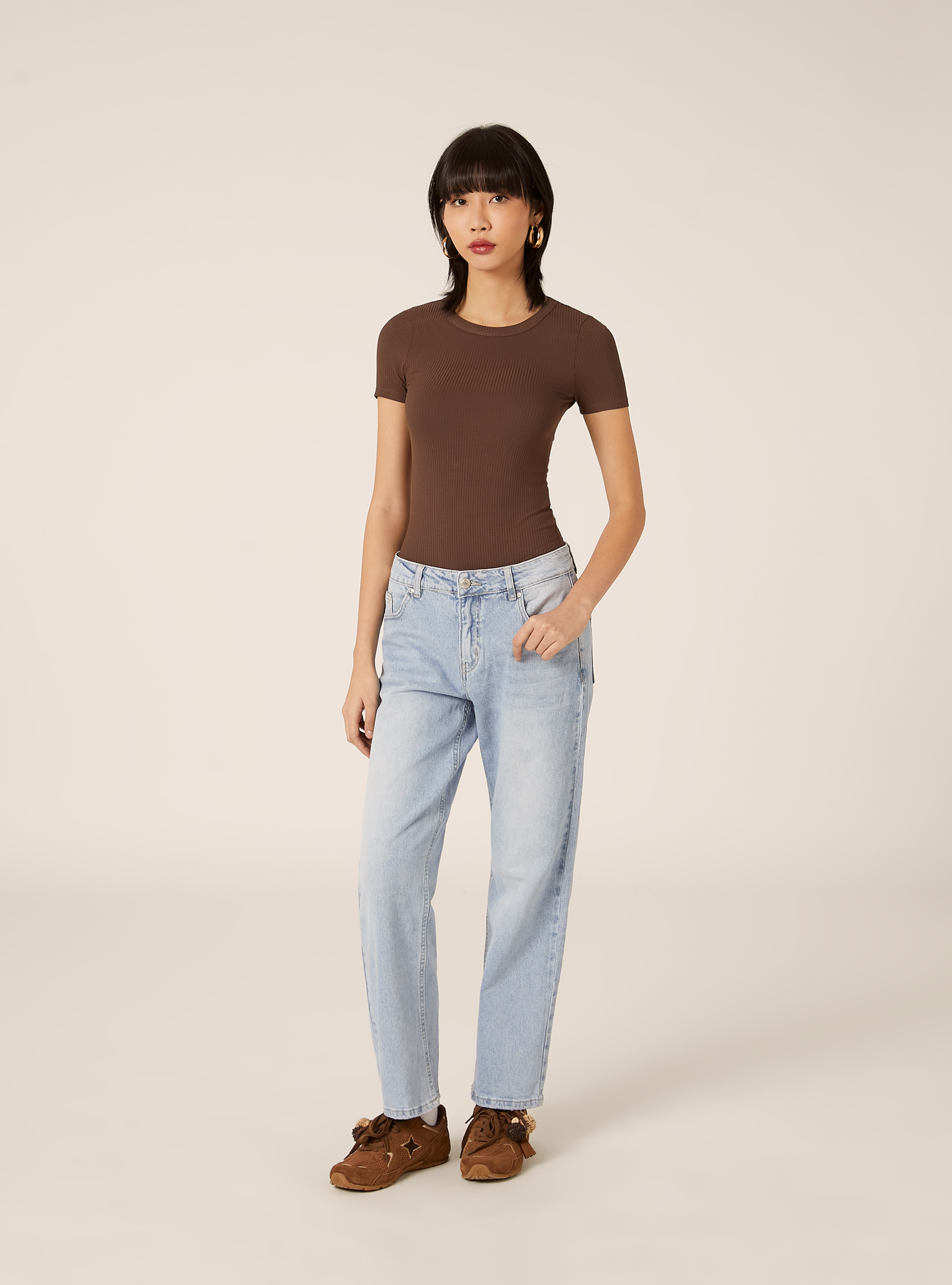 Kurz&auml;rmeliger gerippter Body, BR2 BROWN MEDIUM