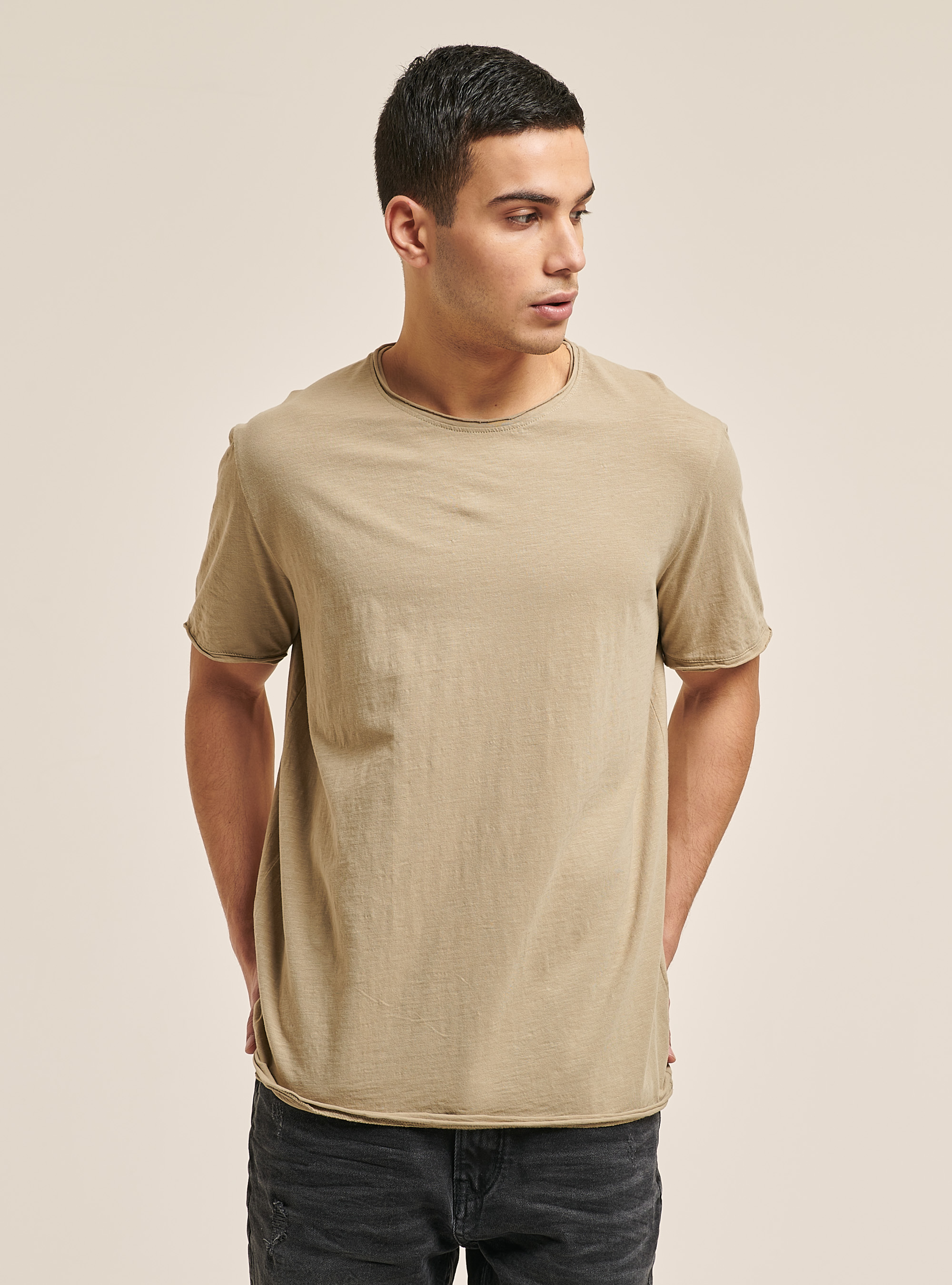 T-shirt en coton coup&eacute; &agrave; vif, BG2 BEIGE MEDIUM