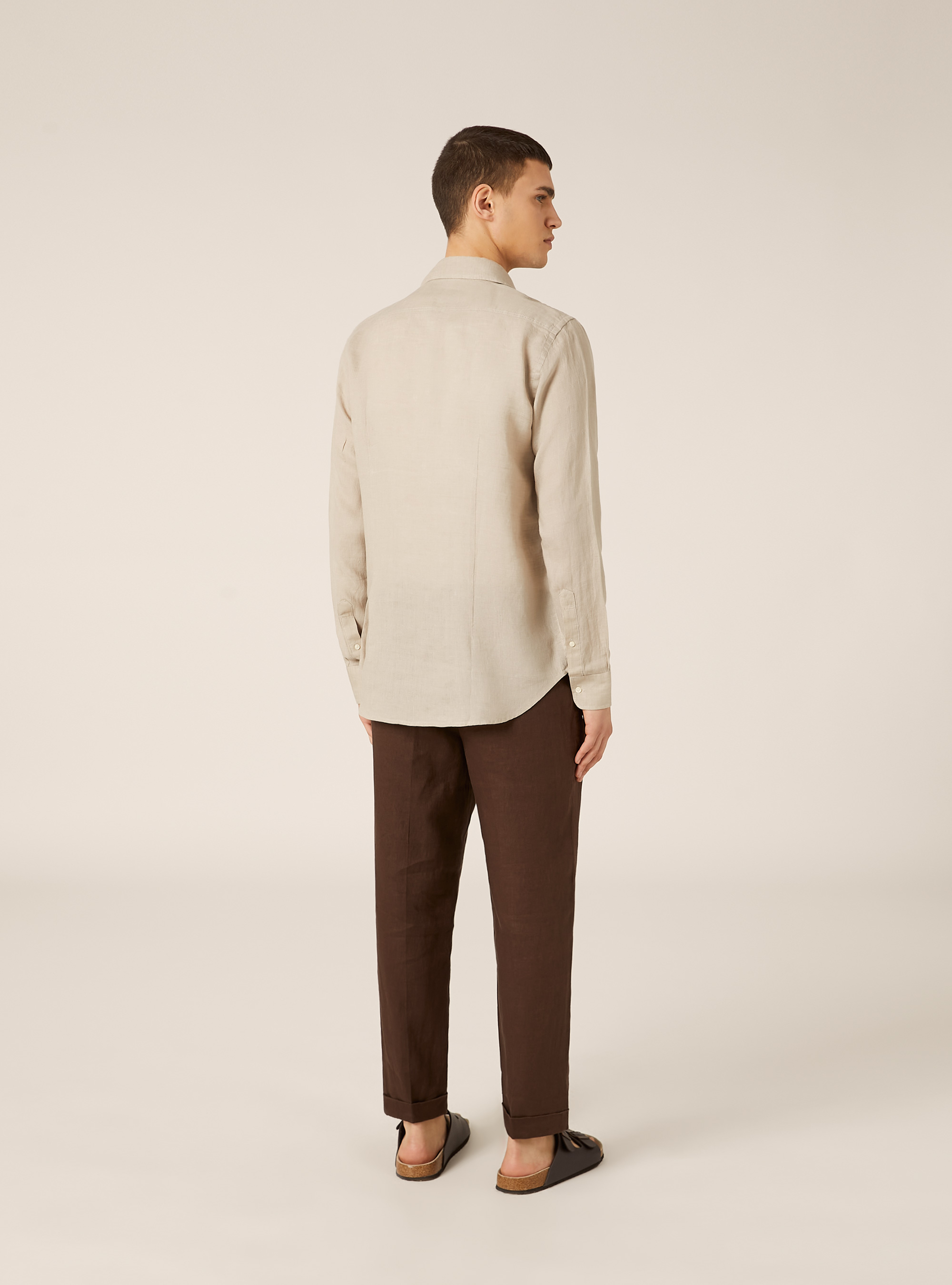 Camicia in puro lino a maniche lunghe, BEIGE MEDIO MELANGE